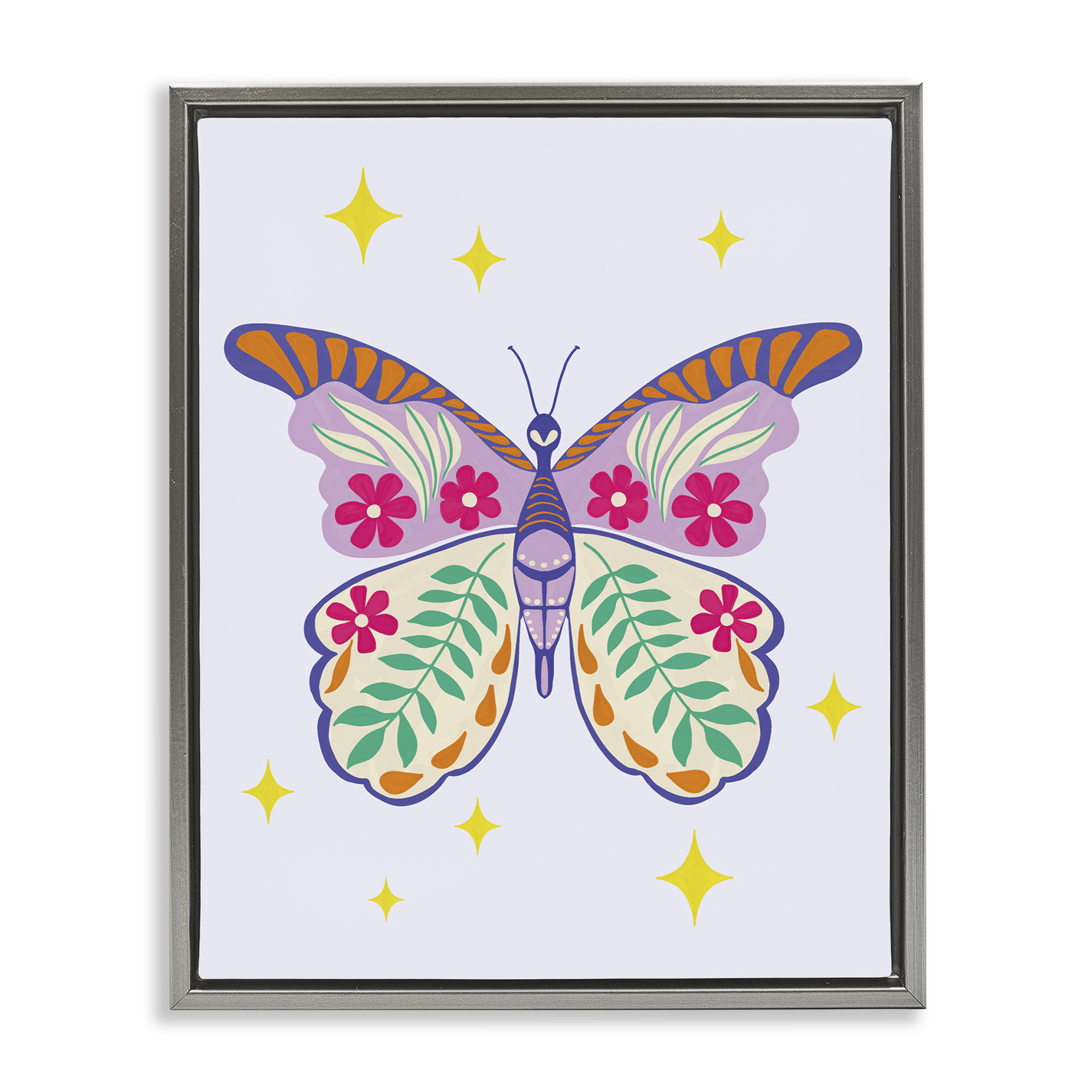 Stupell Industries Free Spirit Floral Butterfly Animals Painting Gray Floater Framed Canvas Art Print Wall Art, 17 x 21
