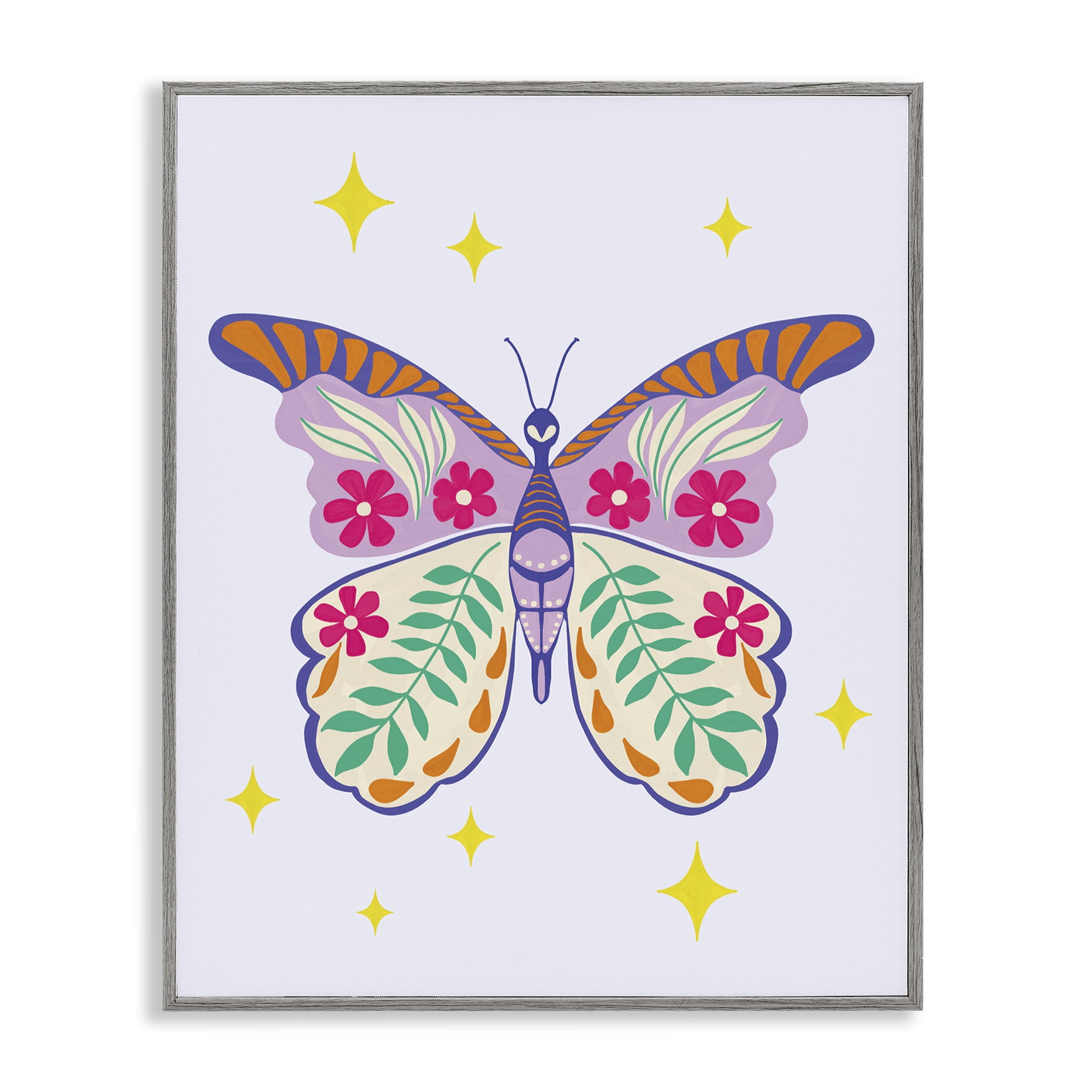 Stupell Industries Free Spirit Floral Butterfly Animals Painting Gray Framed Art Print Wall Art, 16 x 20