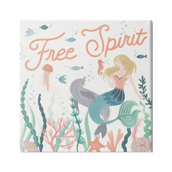Stupell Industries Free Spirit Phrase Children's Underwater Mermaid Animals, 30 x 30,Design by Laura Marshall