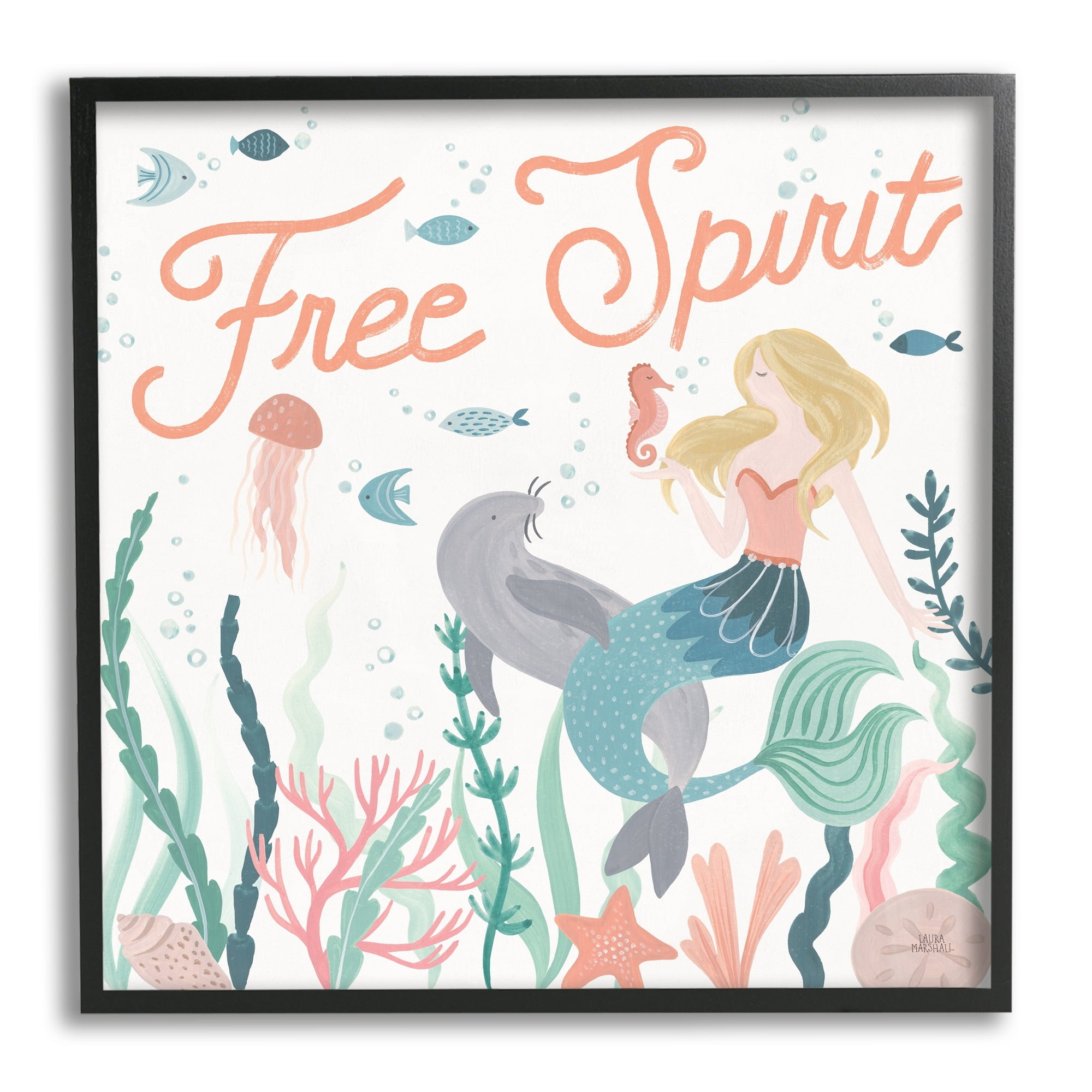 Stupell Industries Free Spirit Phrase Children's Underwater Mermaid Animals Graphic Art Black Framed Art Print Wall Art, 17x30, by Laura Marshall
