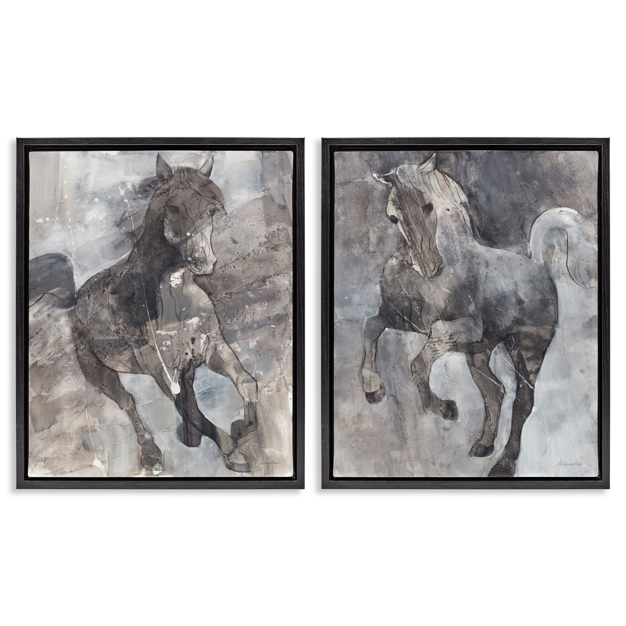 Stupell Industries Free Spirit Wind Dancer Horse Animals Painting Black Floater Framed Canvas Art Print Wall Art, 31 x 25, Set of 2