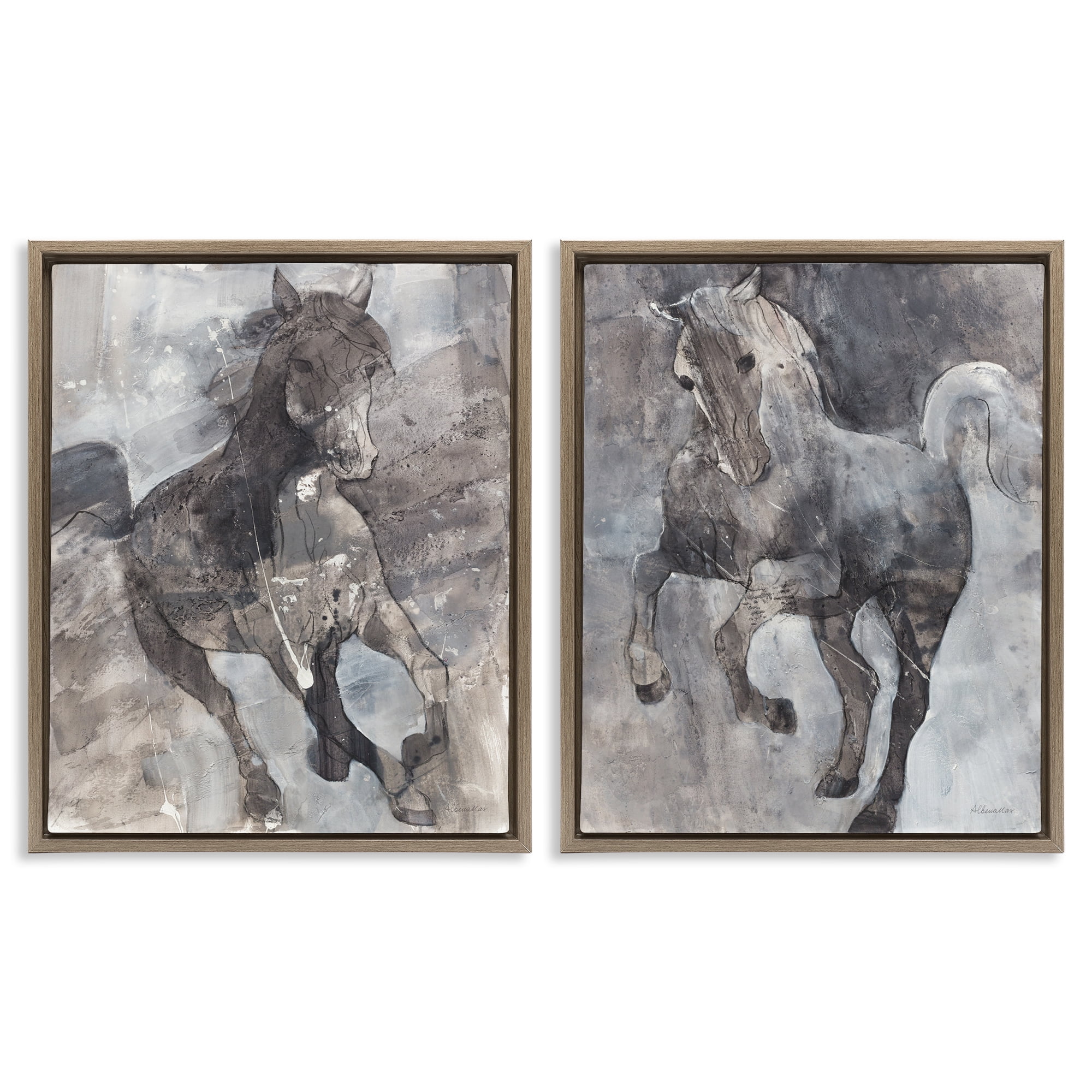 Stupell Industries Free Spirit Wind Dancer Horse Animals Painting Brown Floater Framed Canvas Art Print Wall Art, 31 x 25, Set of 2