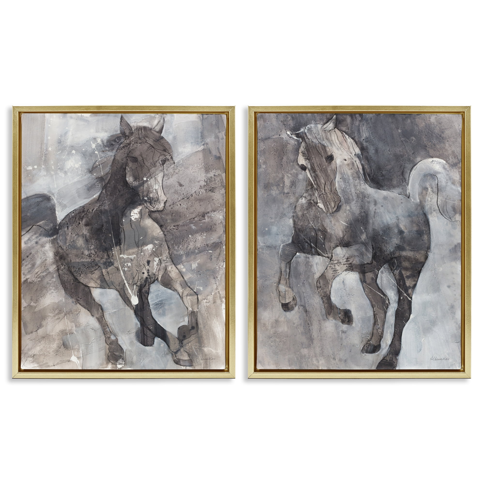 Stupell Industries Free Spirit Wind Dancer Horse Animals Painting Gold Floater Framed Canvas Art Print Wall Art, 17 x 21, Set of 2
