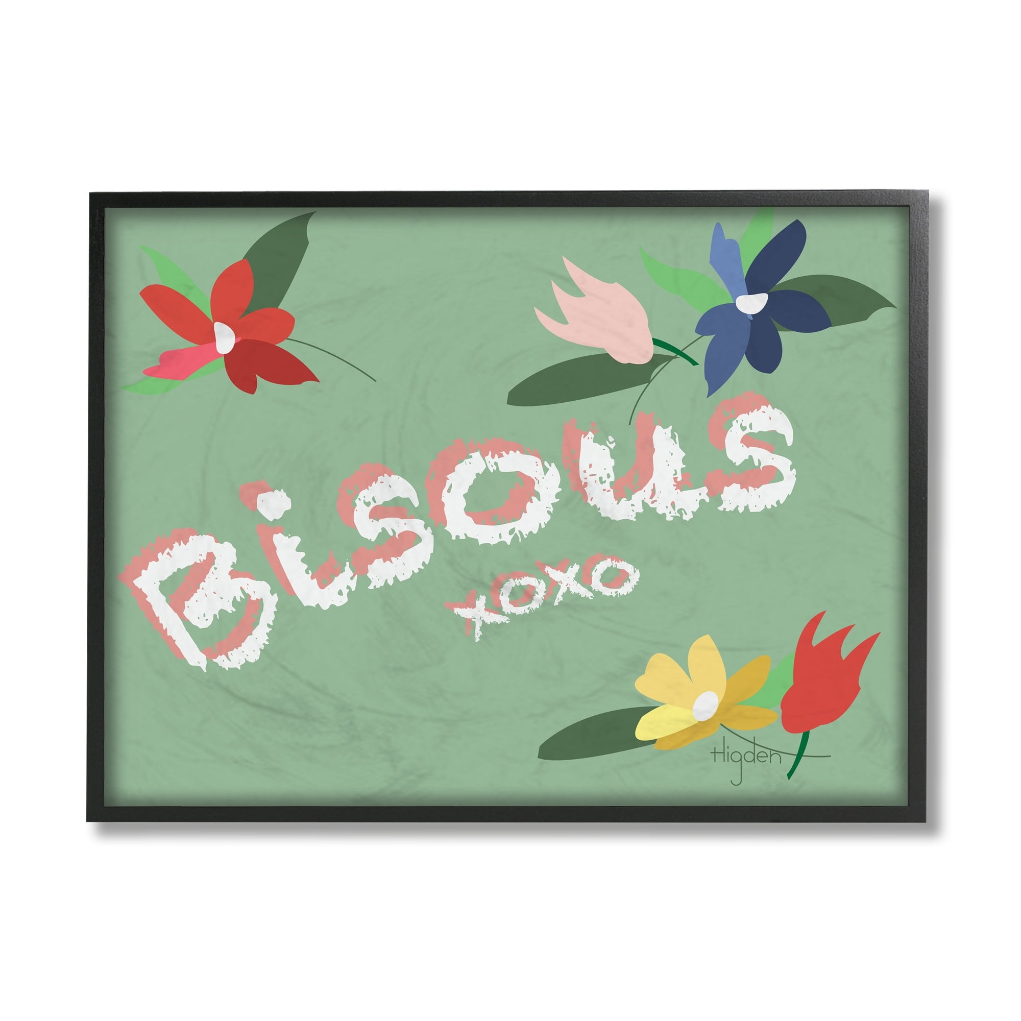 Stupell Industries French Bisous Text Floral Kisses Design Black Framed by Mark Higden