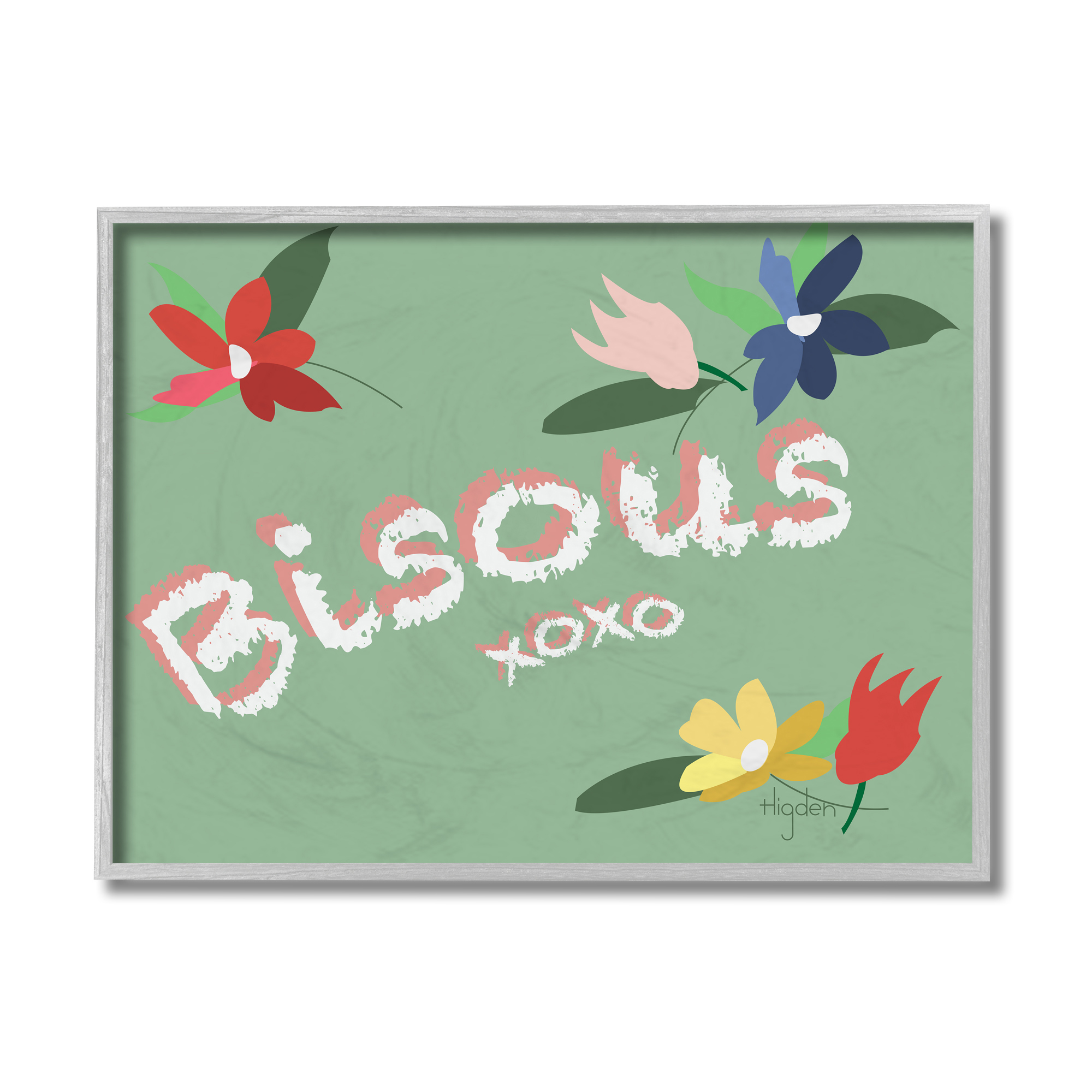 Stupell Industries French Bisous Text Floral Kisses Design Gray Framed by Mark Higden