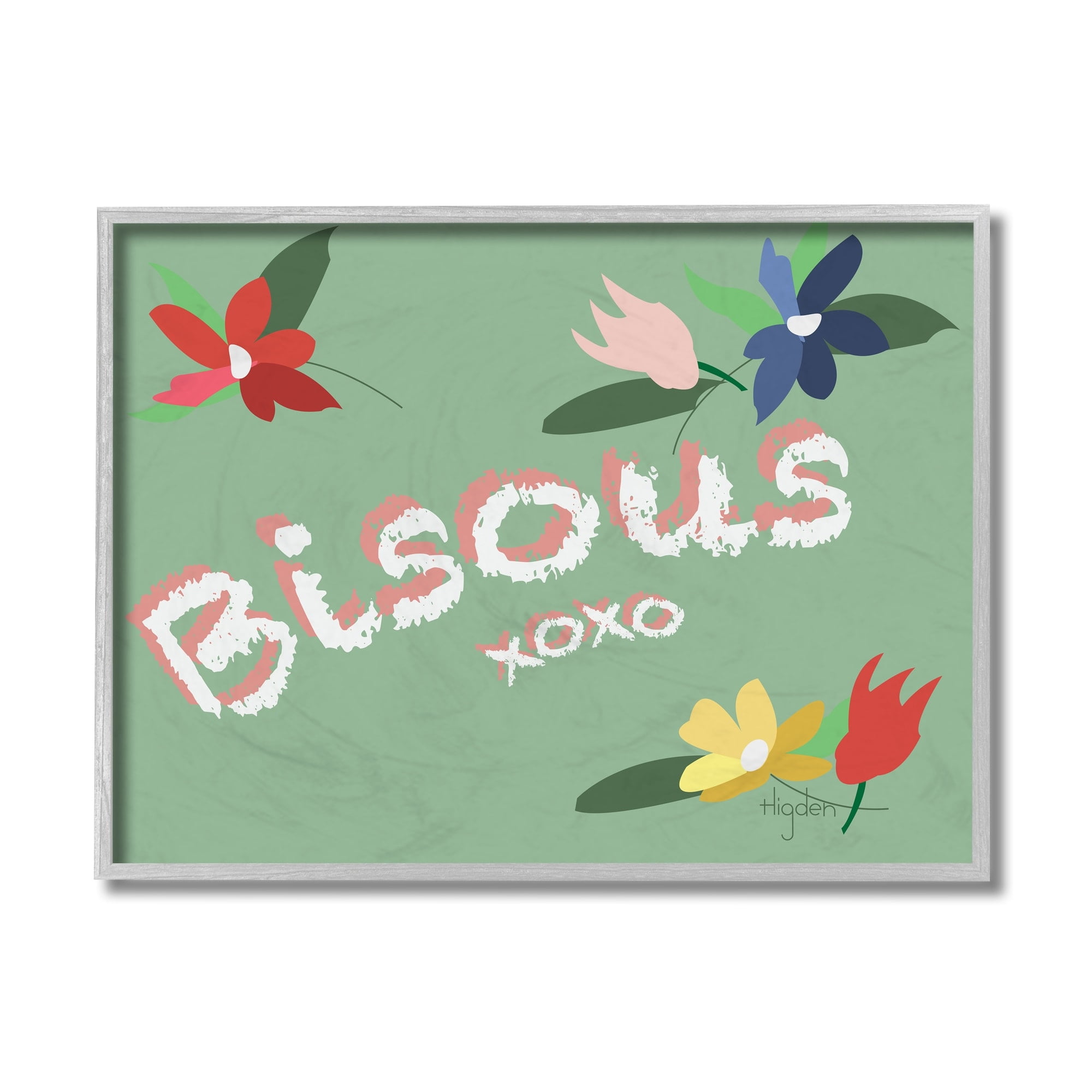 Stupell Industries French Bisous Text Floral Kisses Design Gray Framed by Mark Higden