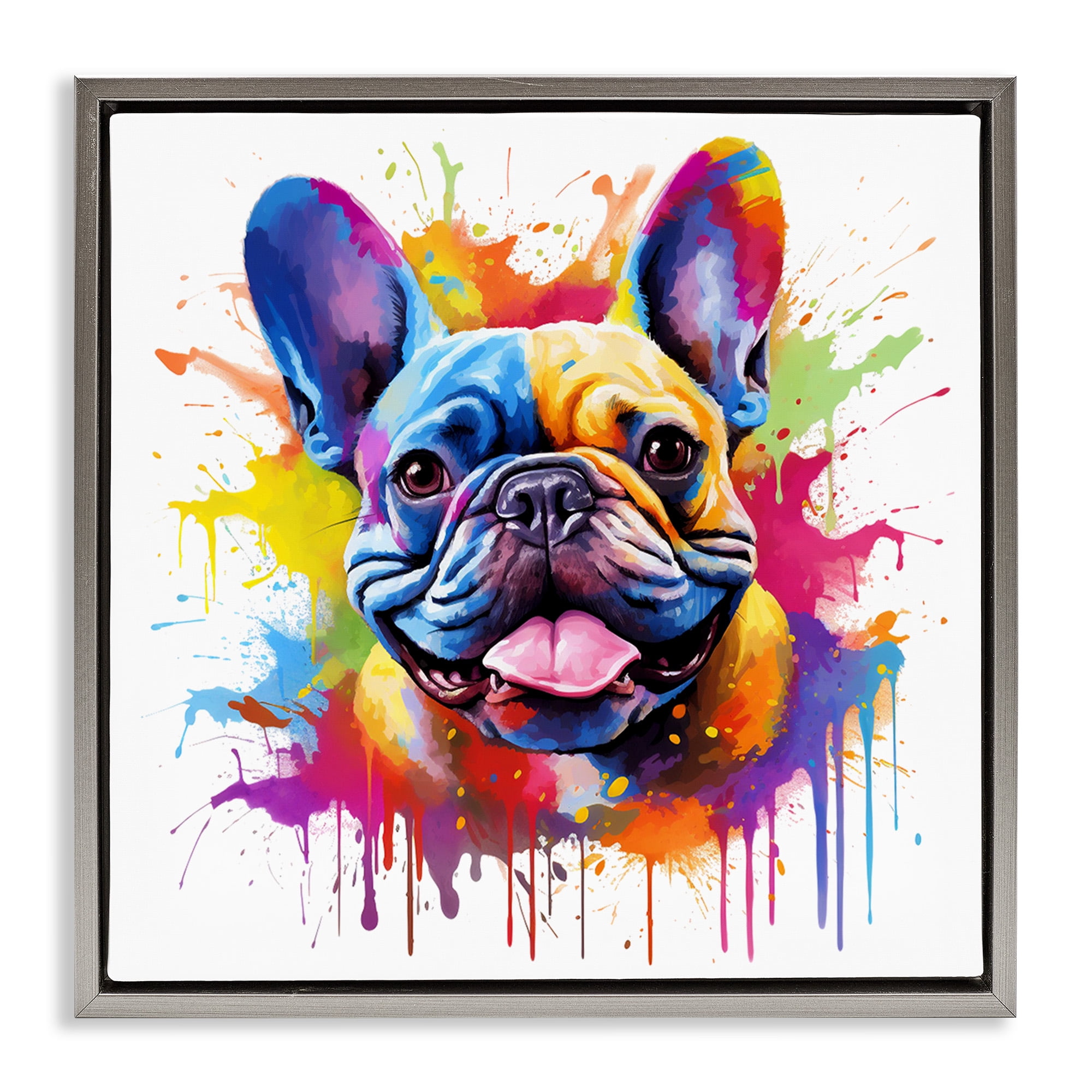 Stupell Industries French Bulldog Modern Splash Animals & Insects Painting Gray Floater Framed Canvas Art Print Wall Art, 18 x 18