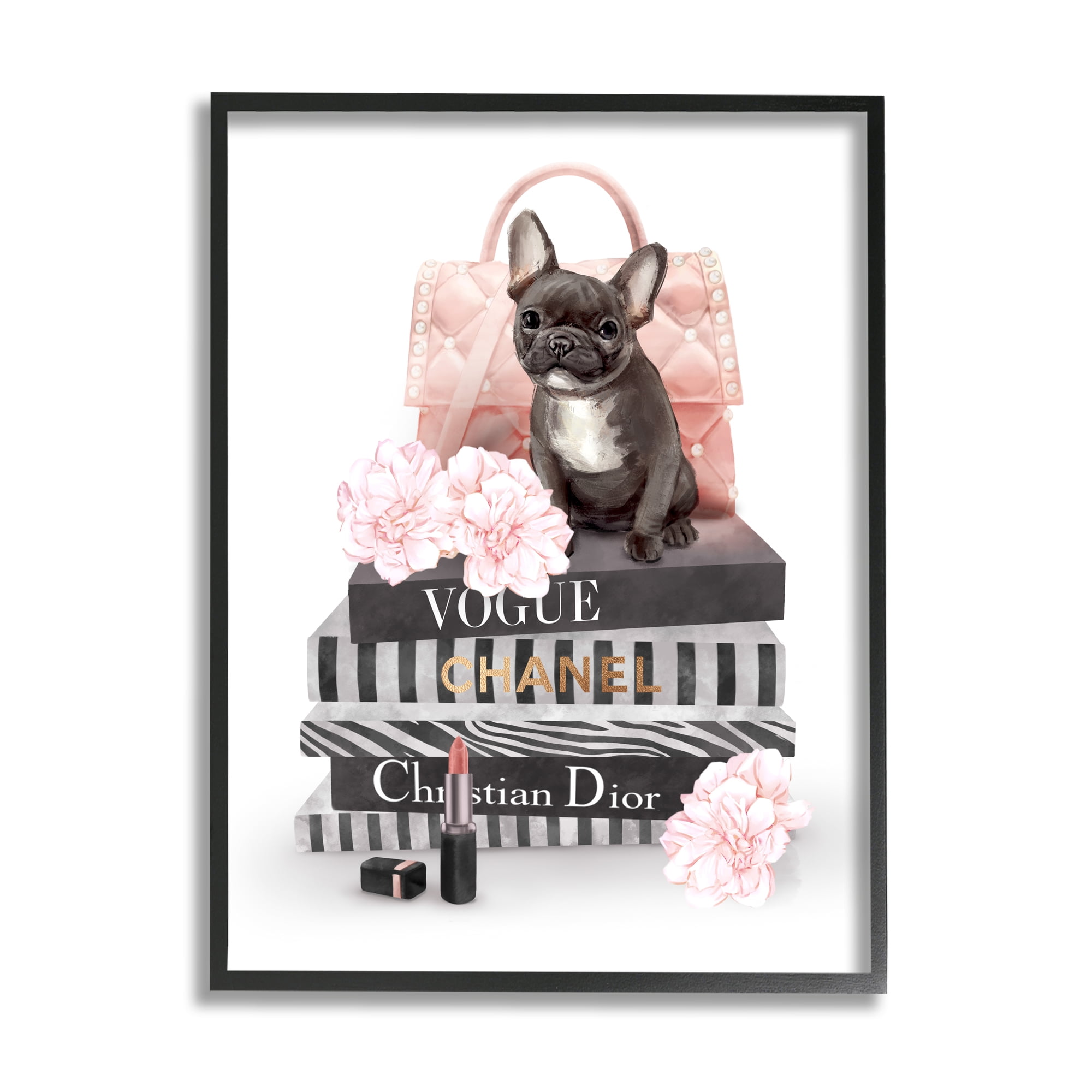 Stupell Industries French Bulldog Pink Peonies Glam Fashion Bookstack Beauty & Fashion Painting Black Framed Art Print Wall Art, 16 x 20