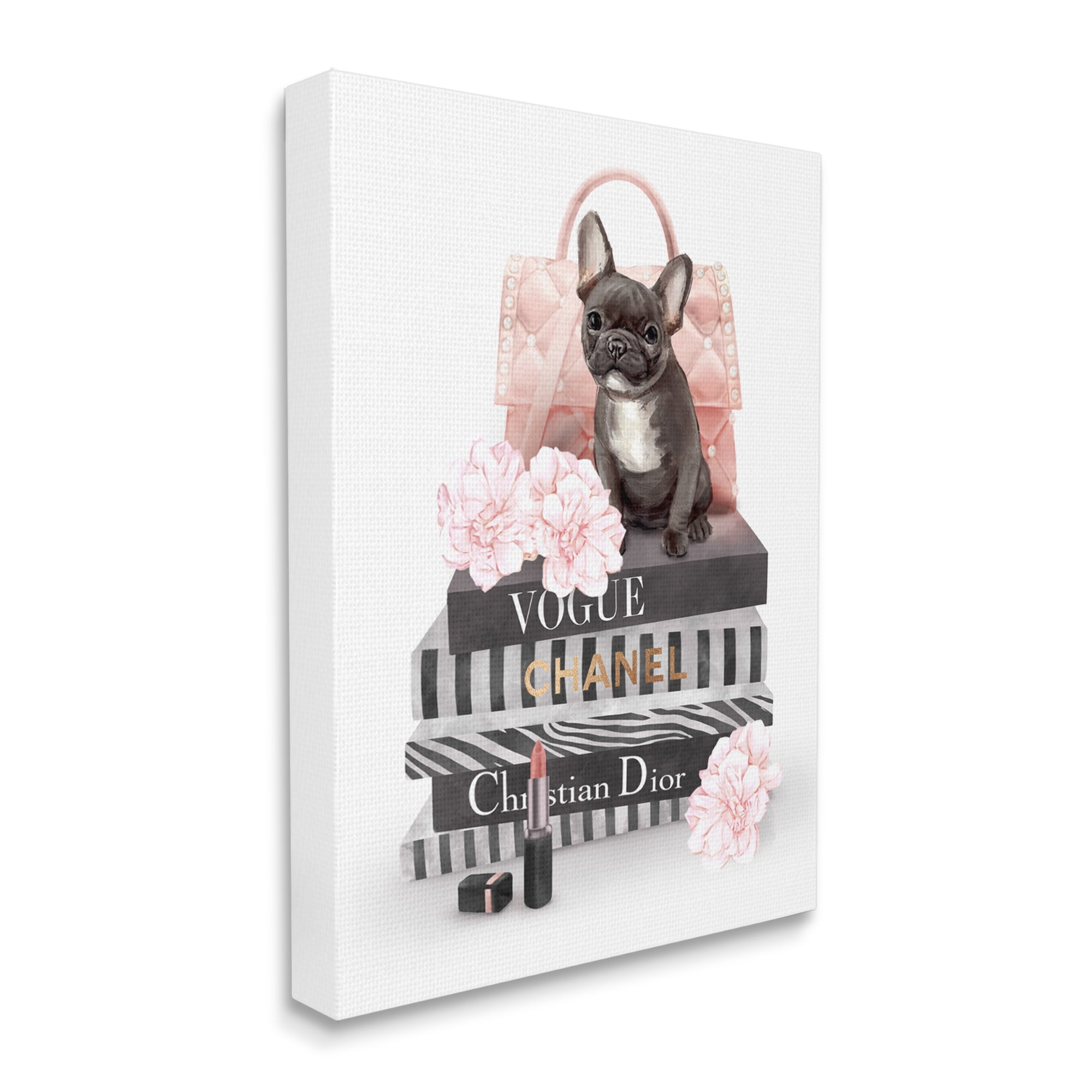 Stupell Industries French Bulldog Pink Peonies Glam Fashion Bookstack Beauty & Fashion Painting Gallery Wrapped Canvas Print Wall Art, 30 x 40