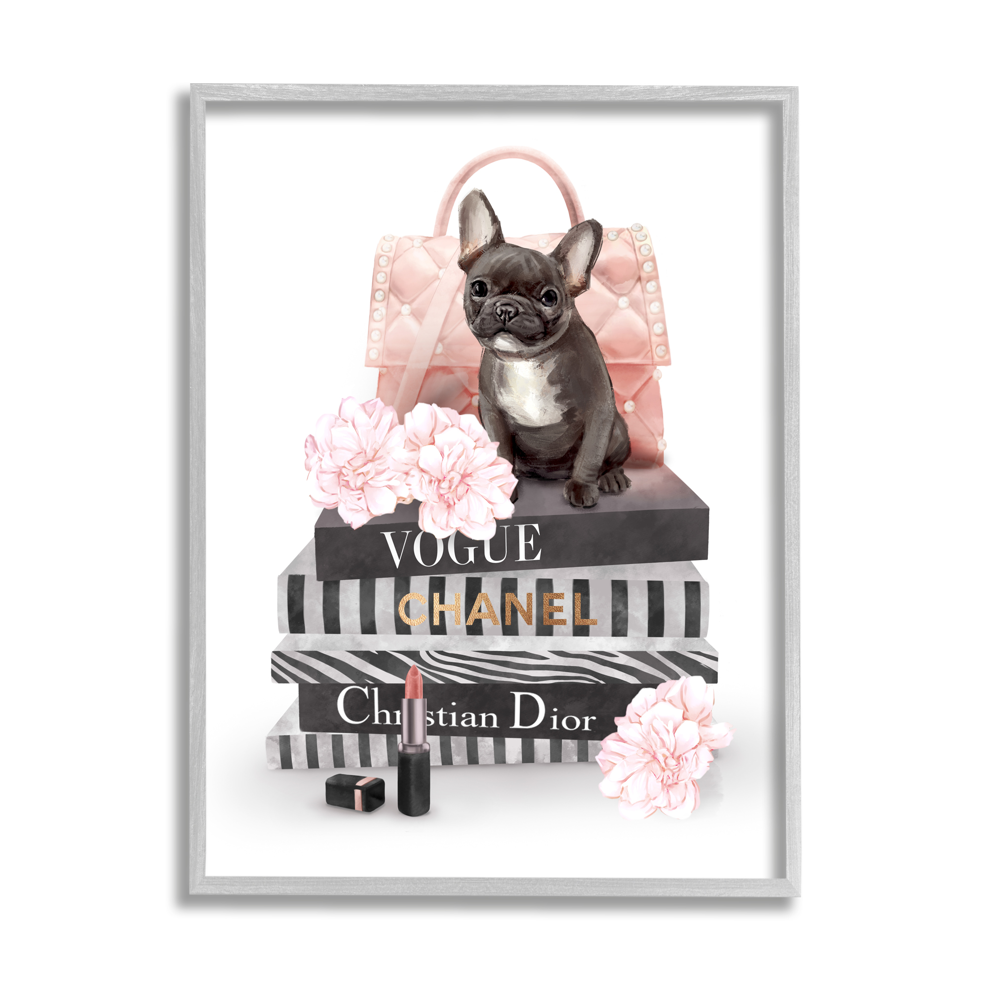 Stupell Industries French Bulldog Pink Peonies Glam Fashion Bookstack Beauty & Fashion Painting Gray Framed Art Print Wall Art, 24 x 30