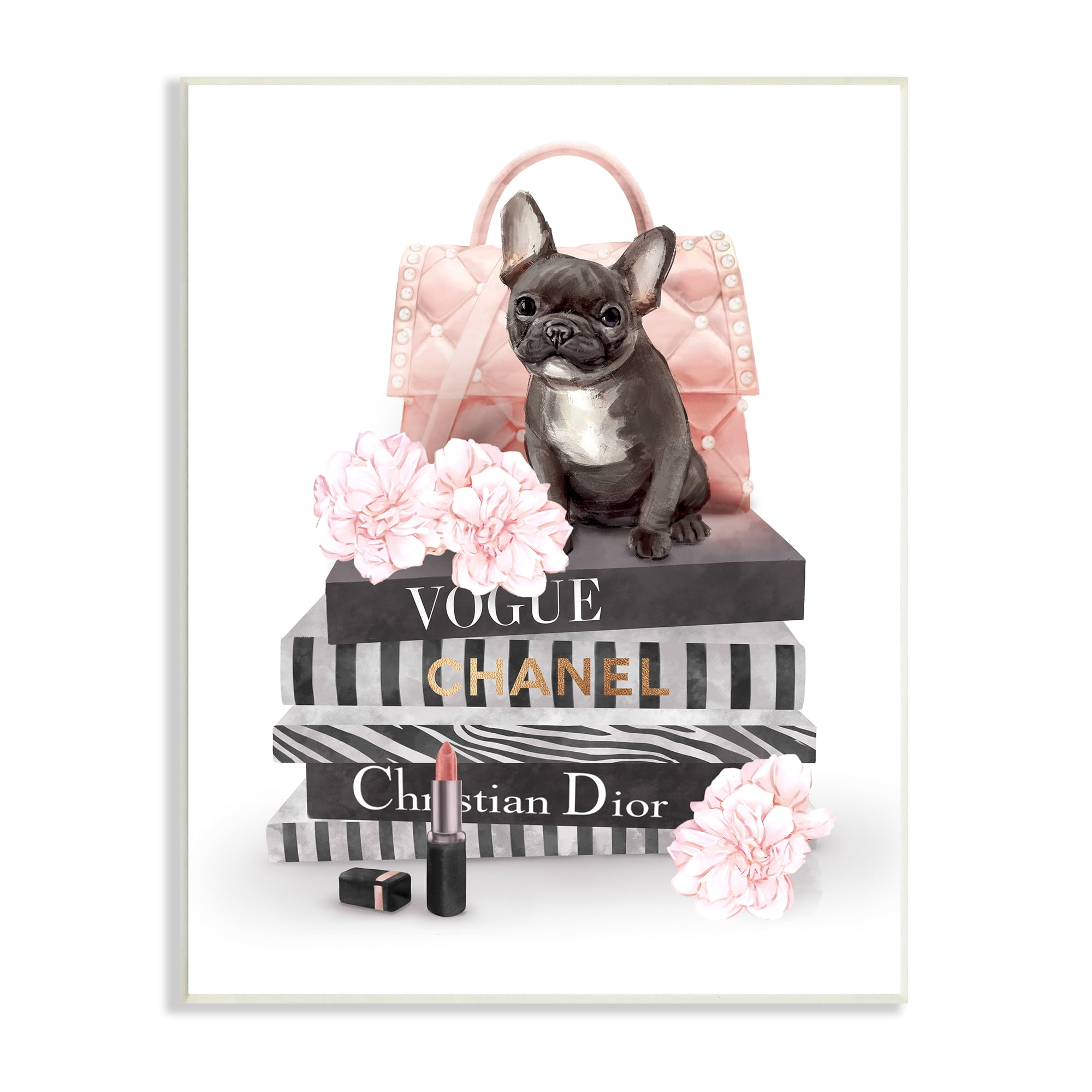 Stupell Industries French Bulldog Pink Peonies Glam Fashion Bookstack Beauty & Fashion Painting Unframed Art Print Wall Art, 13 x 19