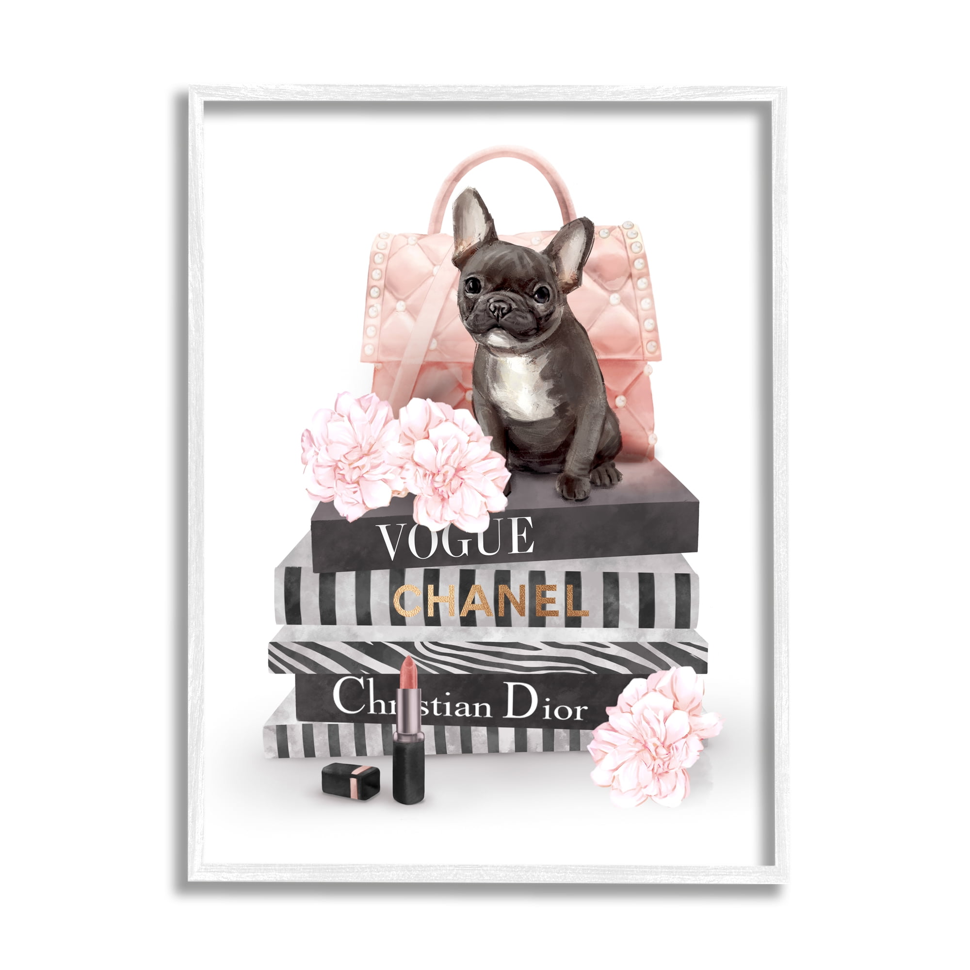 Stupell Industries French Bulldog Pink Peonies Glam Fashion Bookstack Beauty & Fashion Painting White Framed Art Print Wall Art, 24 x 30