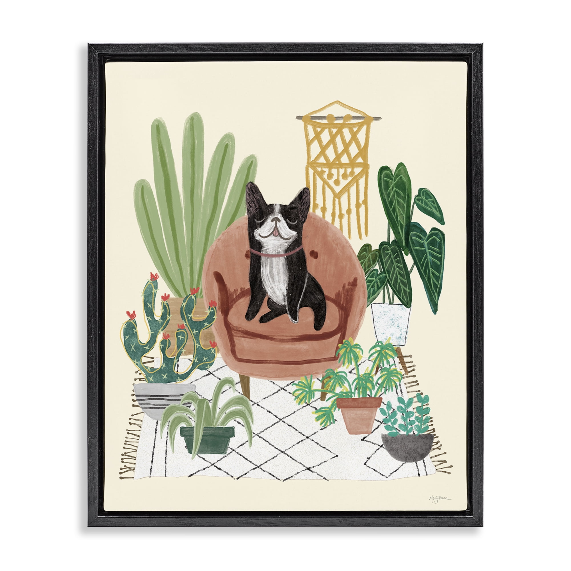 Stupell Industries French Bulldog & Plants Animals & Insects Painting Black Floater Framed Canvas Art Print Wall Art, 17 x 21