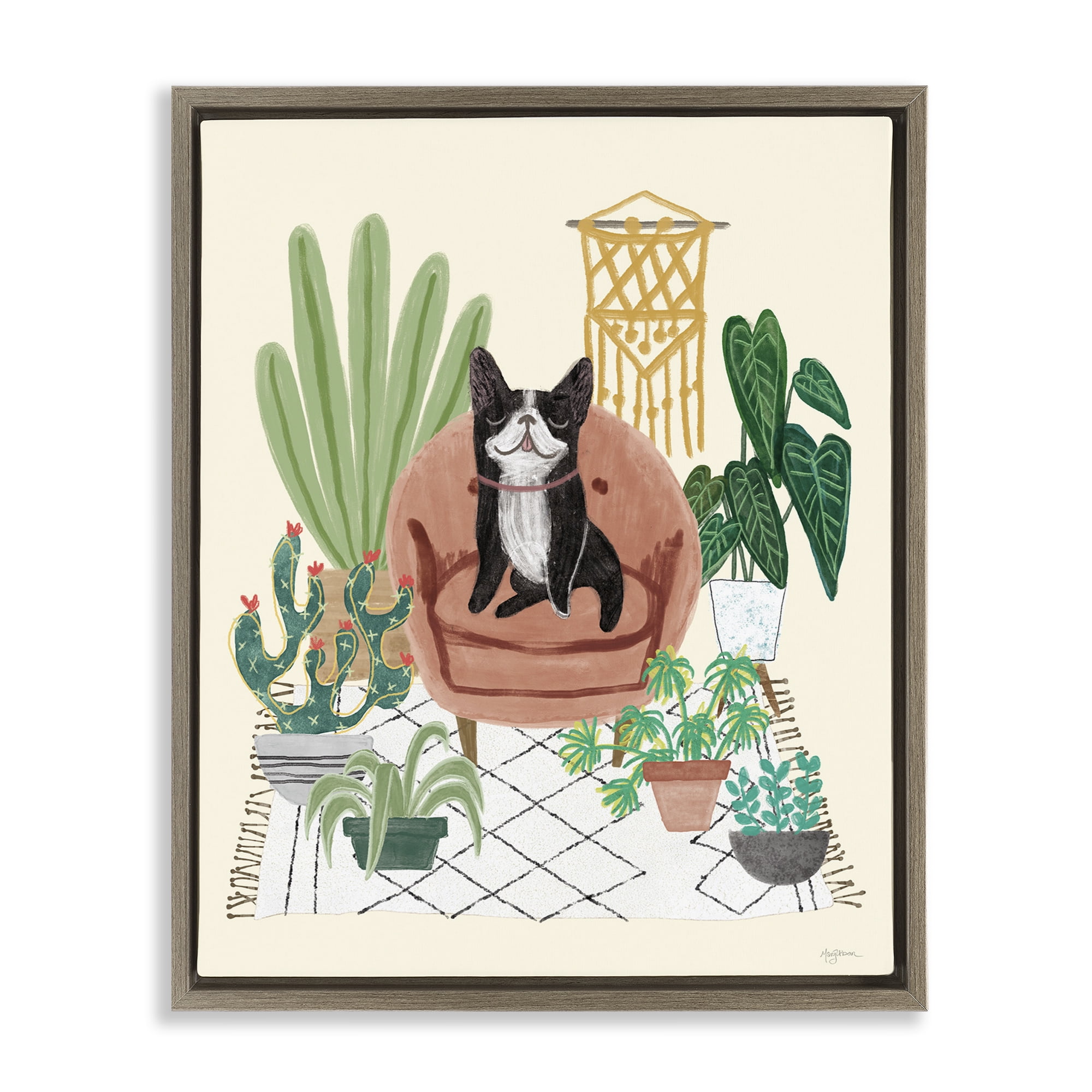 Stupell Industries French Bulldog & Plants Animals & Insects Painting Brown Floater Framed Canvas Art Print Wall Art, 17 x 21