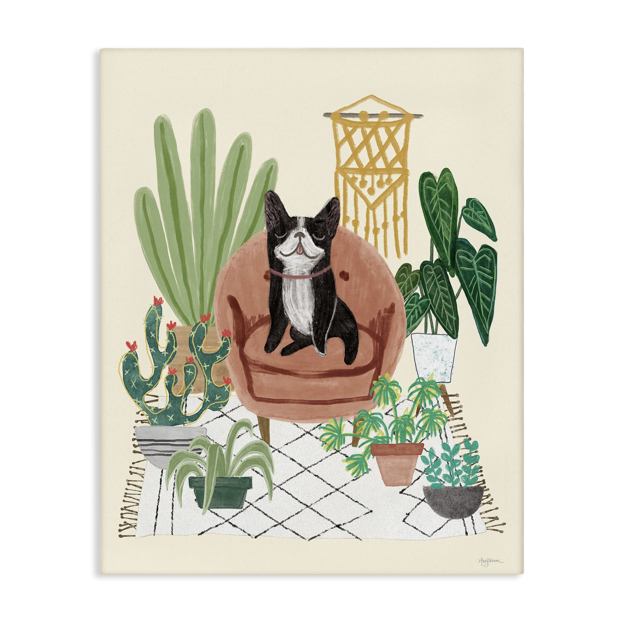 Stupell Industries French Bulldog & Plants Animals & Insects Painting Gallery Wrapped Canvas Art Print Wall Art, 30 x 40