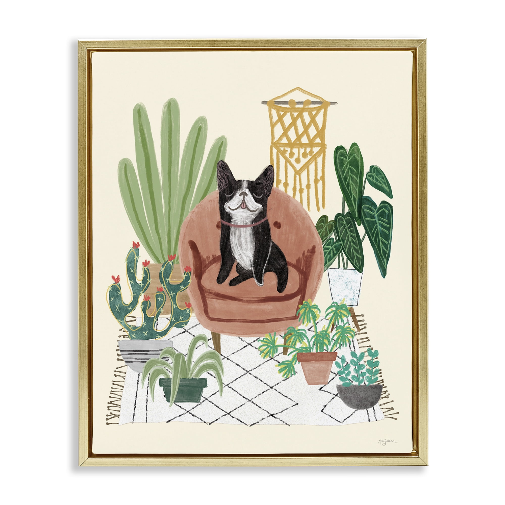 Stupell Industries French Bulldog & Plants Animals & Insects Painting Gold Floater Framed Canvas Art Print Wall Art, 17 x 21