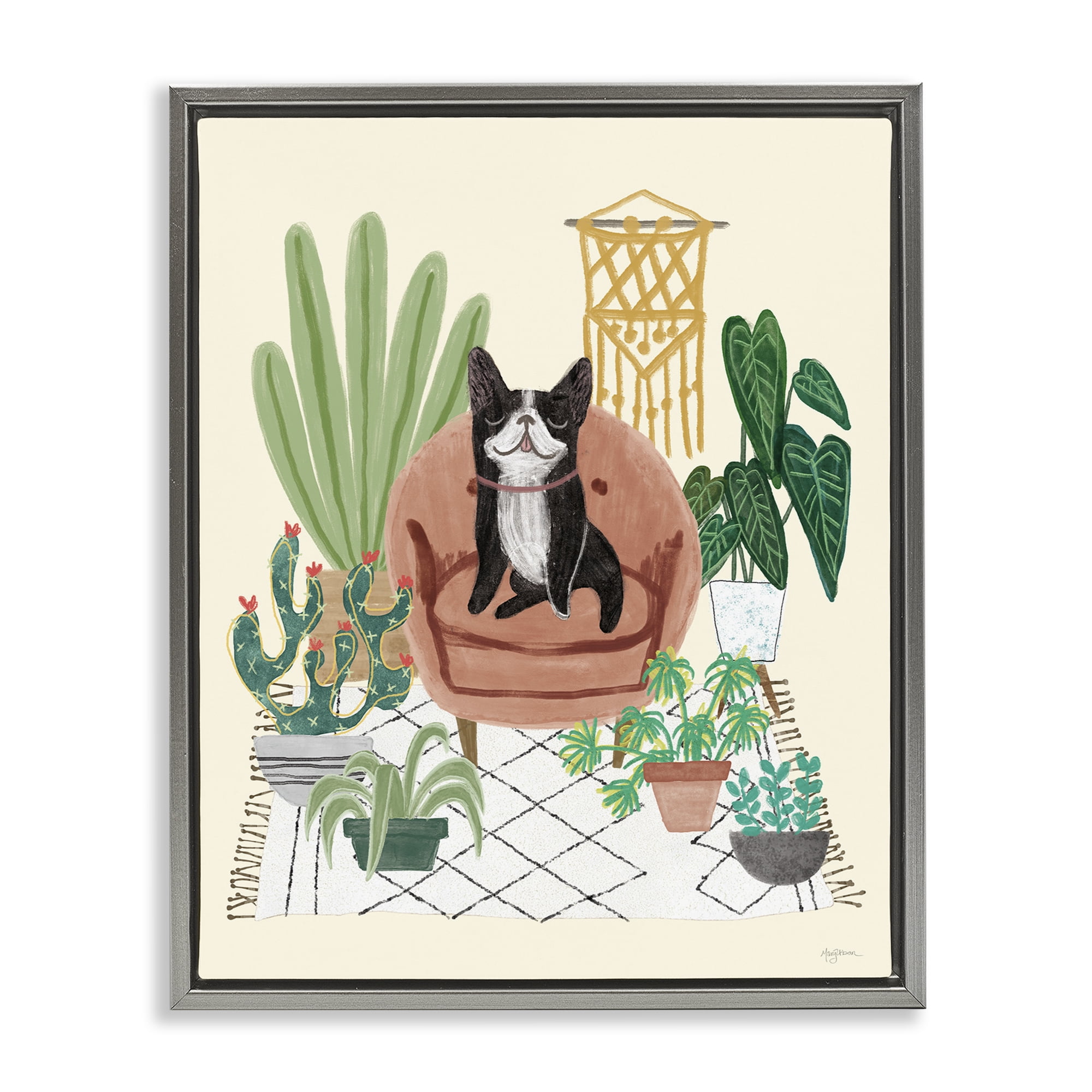 Stupell Industries French Bulldog & Plants Animals & Insects Painting Gray Floater Framed Canvas Art Print Wall Art, 25 x 31