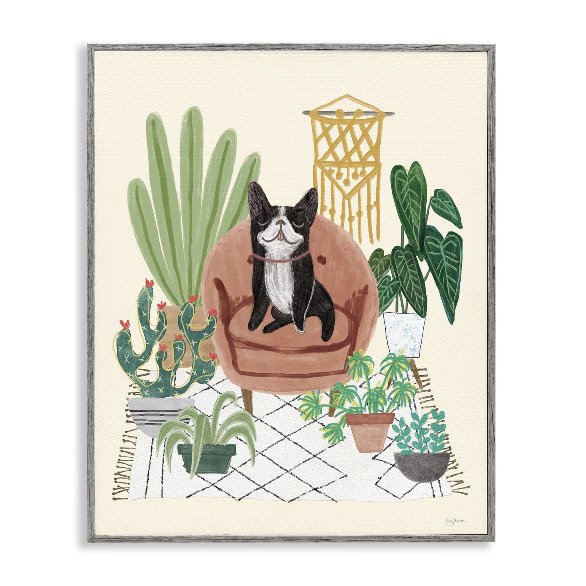 Stupell Industries French Bulldog & Plants Animals & Insects Painting Gray Framed Art Print Wall Art, 11 x 14