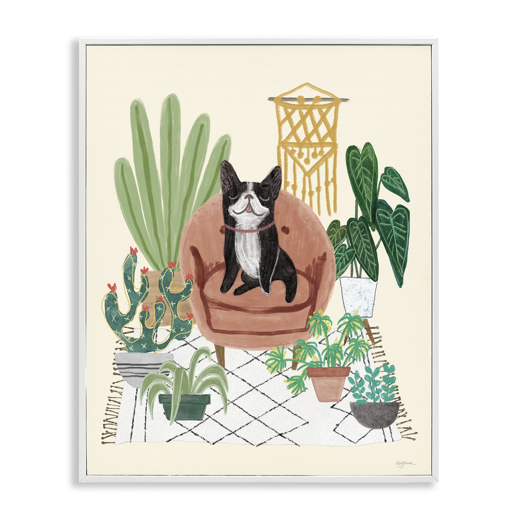 Stupell Industries French Bulldog & Plants Animals & Insects Painting White Framed Art Print Wall Art, 11 x 14