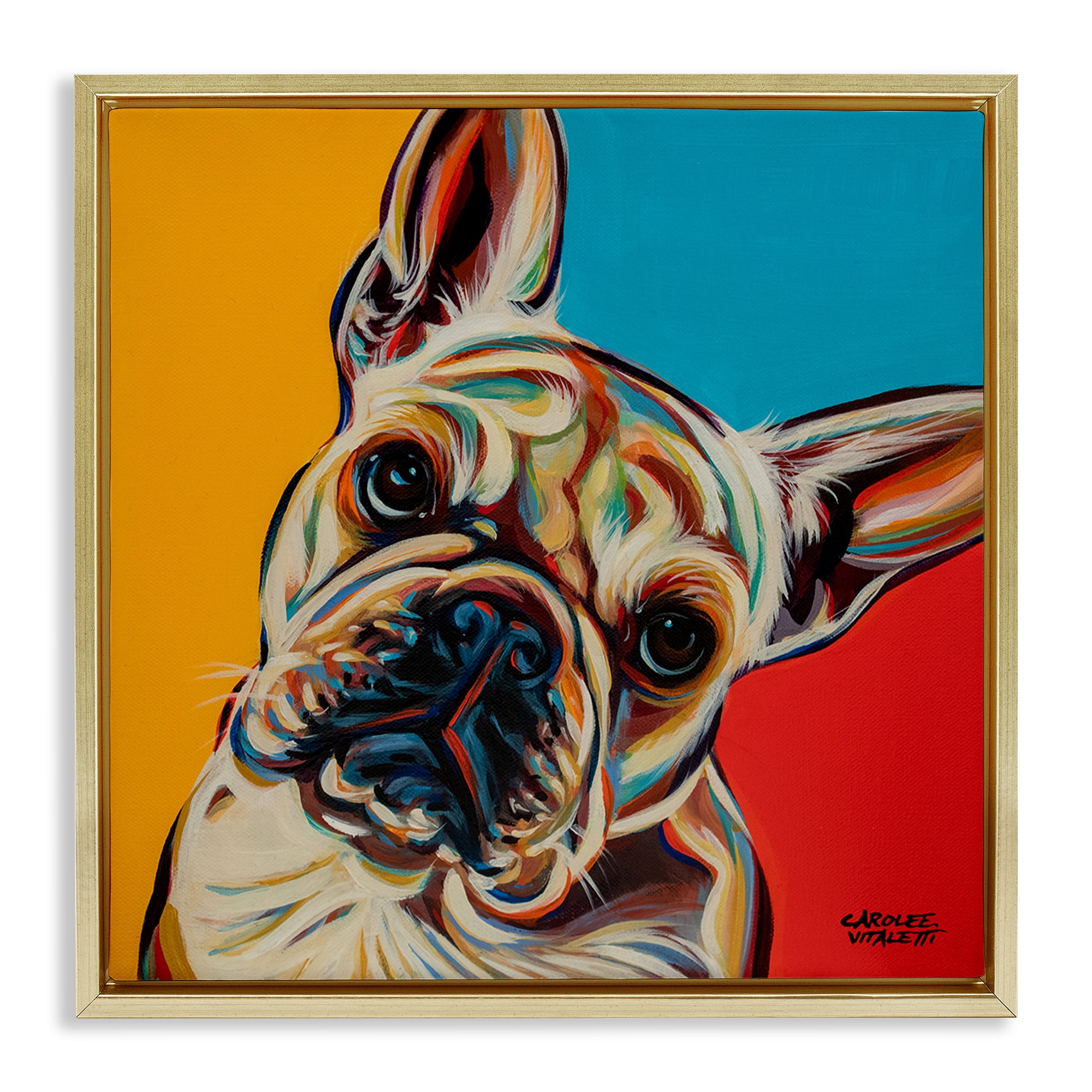 Stupell Industries French Bulldog Pop Portrait Animals & Insects Painting Gold Floater Framed Canvas Art Print Wall Art, 18 x 18
