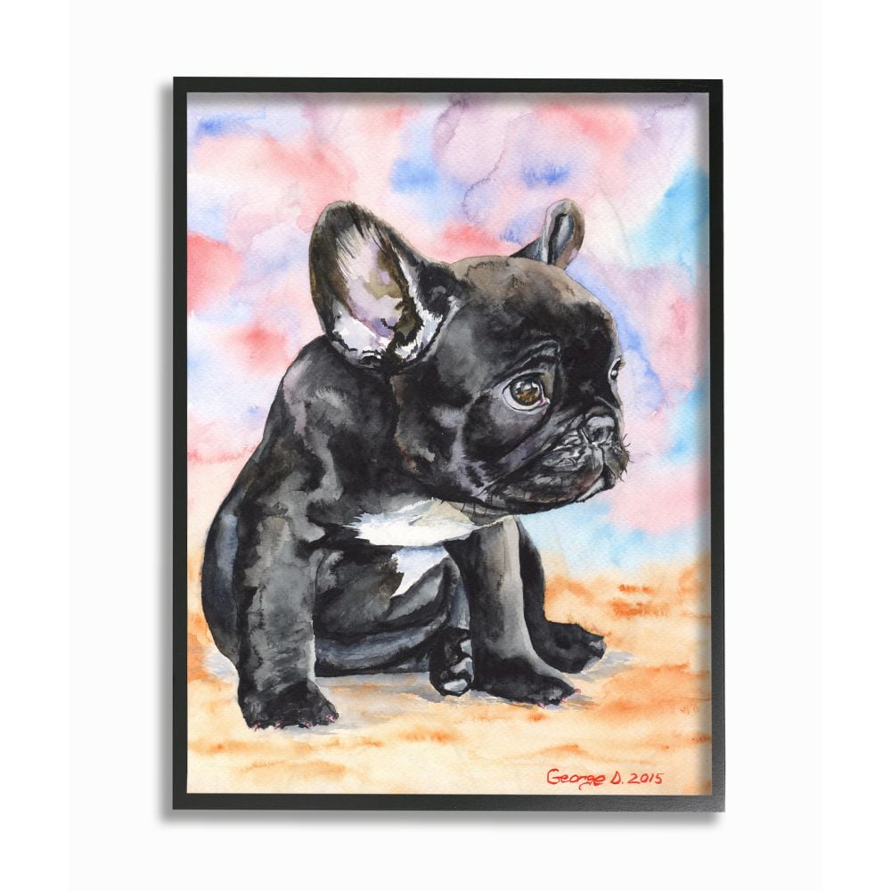 Stupell Industries French Bulldog Puppy Dog Pet Animal Watercolor Painting Framed Giclee Texturized Art by George Dyachenko