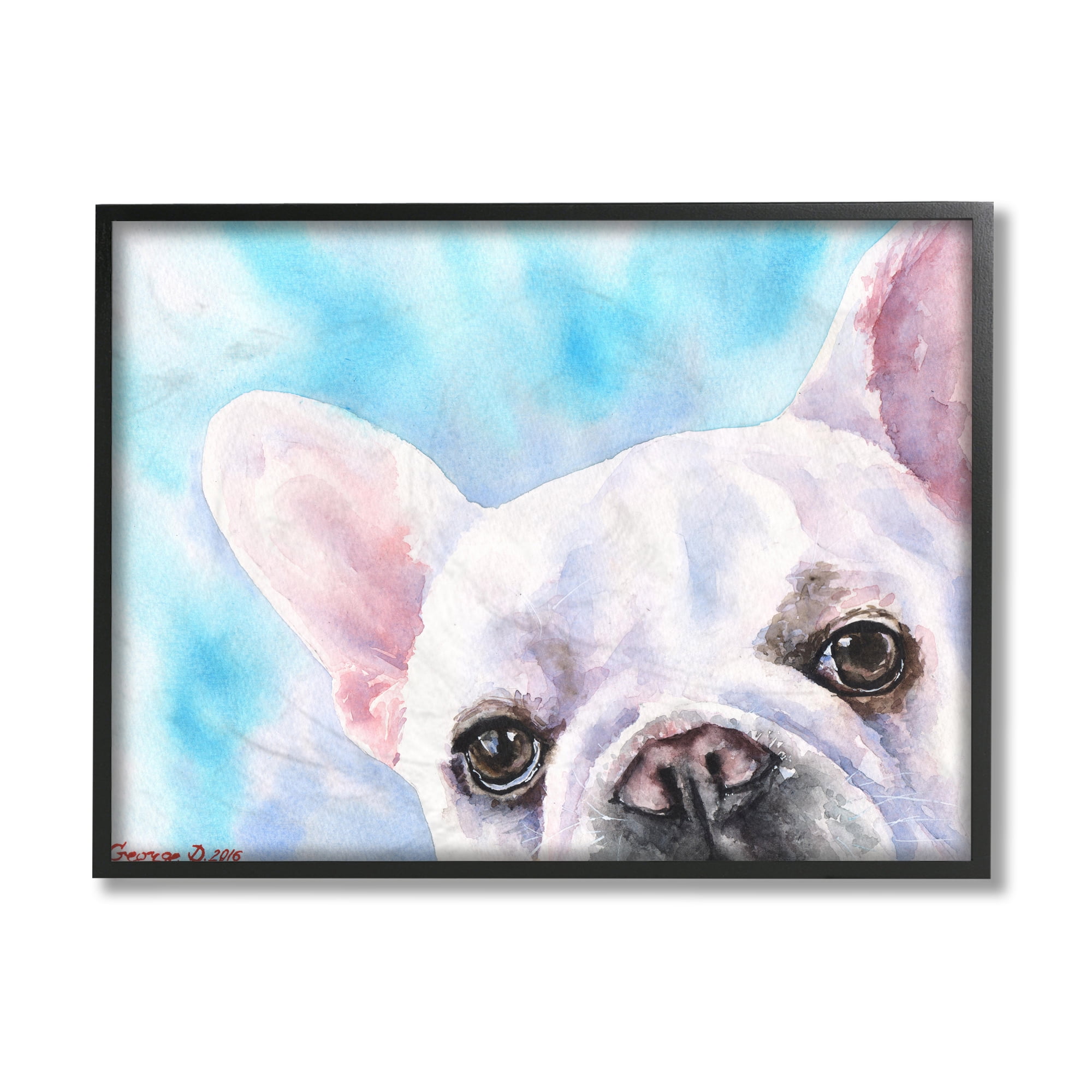 Stupell Industries French Bulldog Puppy Eyes Gaze White Blue Black Framed, 16 x 20, Design by George Dyachenko