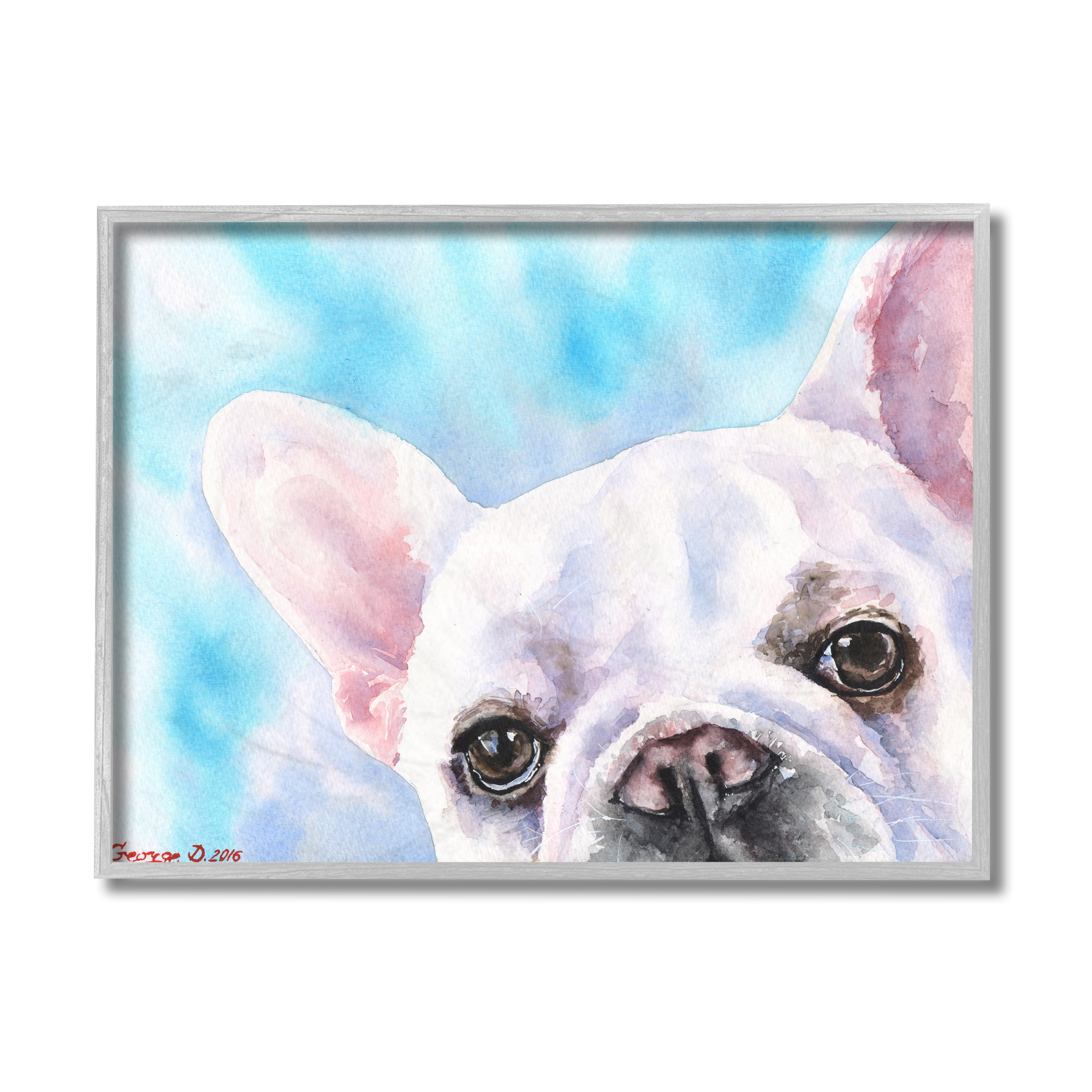 Stupell Industries French Bulldog Puppy Eyes Gaze White Blue Grey Framed, 11 x 14, Design by George Dyachenko