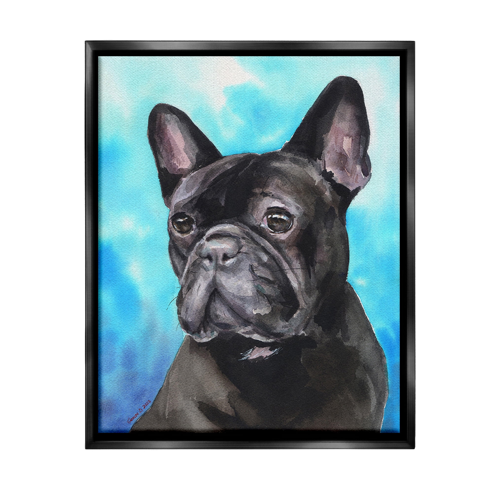 Stupell Industries French Bulldog on Blue Animals & Insects Painting Black Floater Framed Canvas Art Print Wall Art, 17 x 21