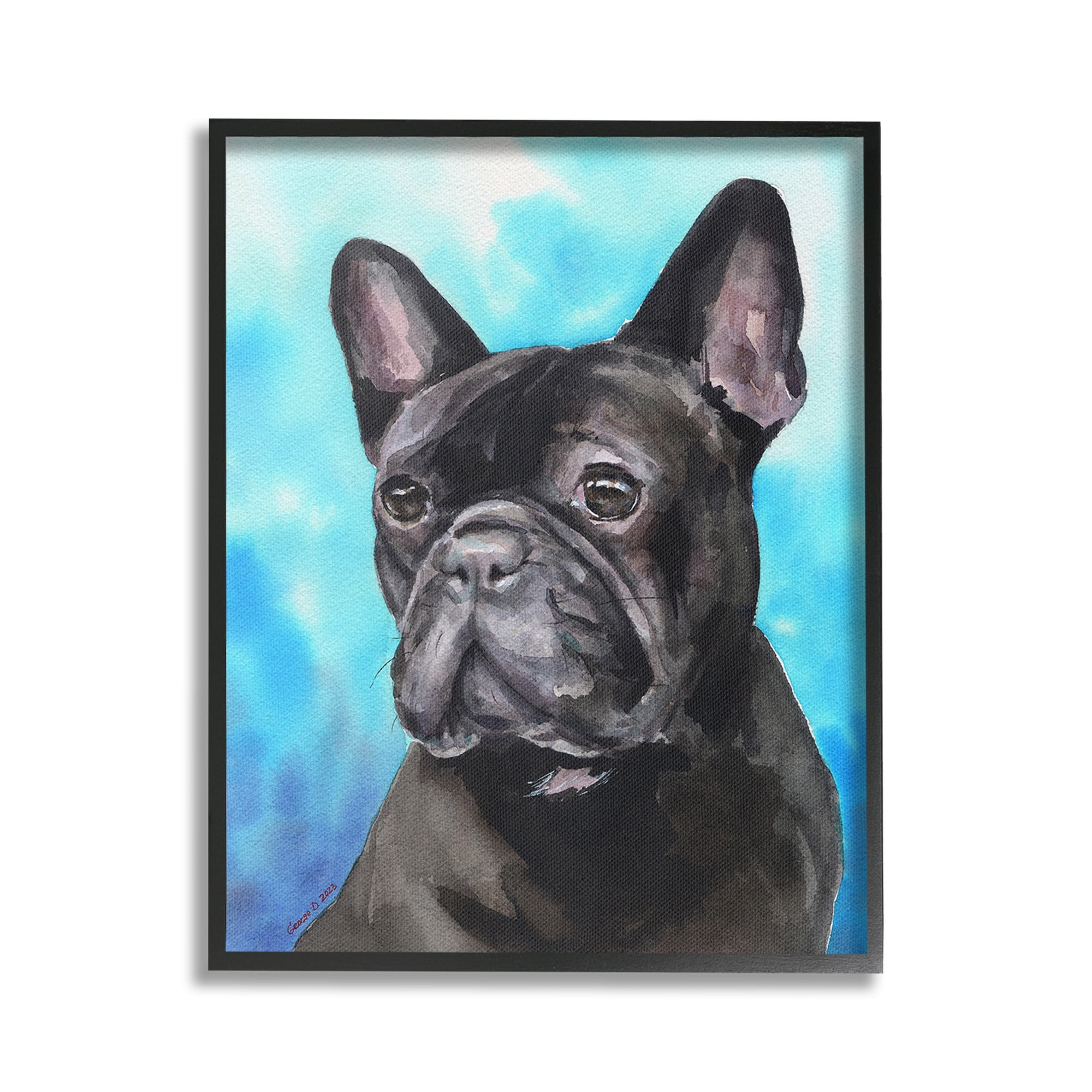 Stupell Industries French Bulldog on Blue Animals & Insects Painting Black Framed Art Print Wall Art, 24 x 30