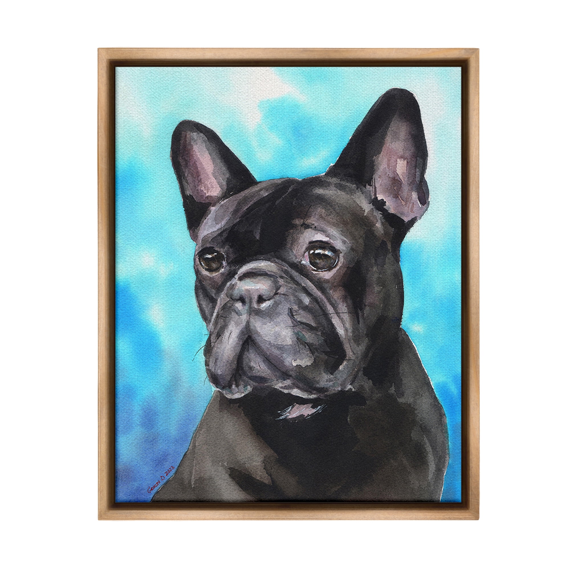 Stupell Industries French Bulldog on Blue Animals & Insects Painting Brown Floater Framed Canvas Art Print Wall Art, 25 x 31