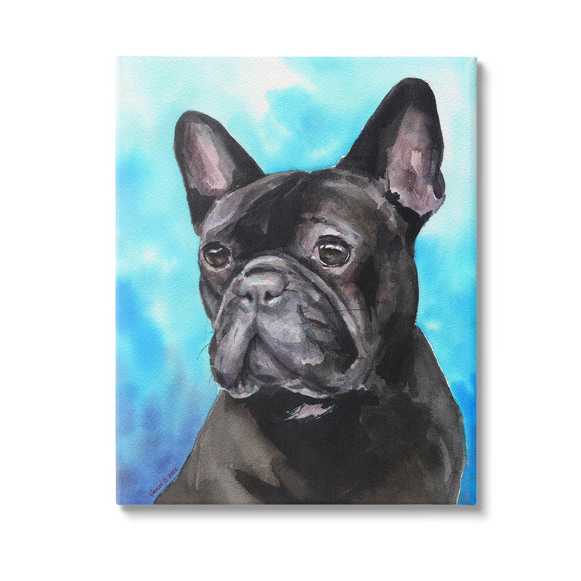 Stupell Industries French Bulldog on Blue Animals & Insects Painting Gallery Wrapped Canvas Art Print Wall Art, 36 x 48