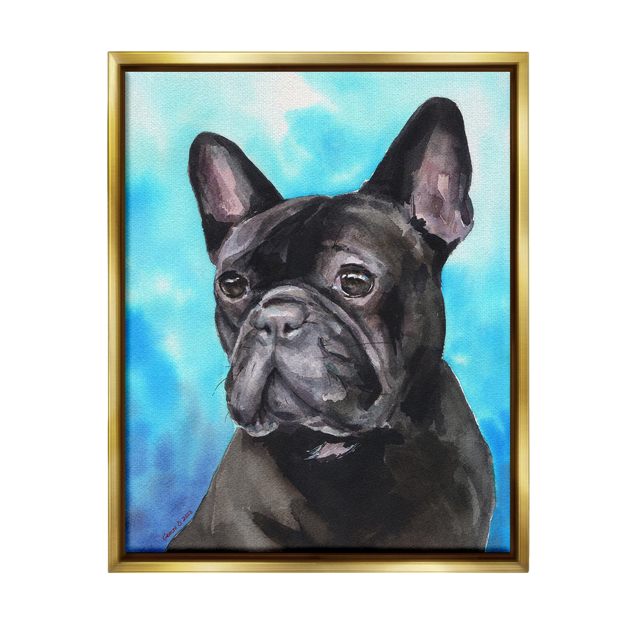 Stupell Industries French Bulldog on Blue Animals & Insects Painting Gold Floater Framed Canvas Art Print Wall Art, 17 x 21