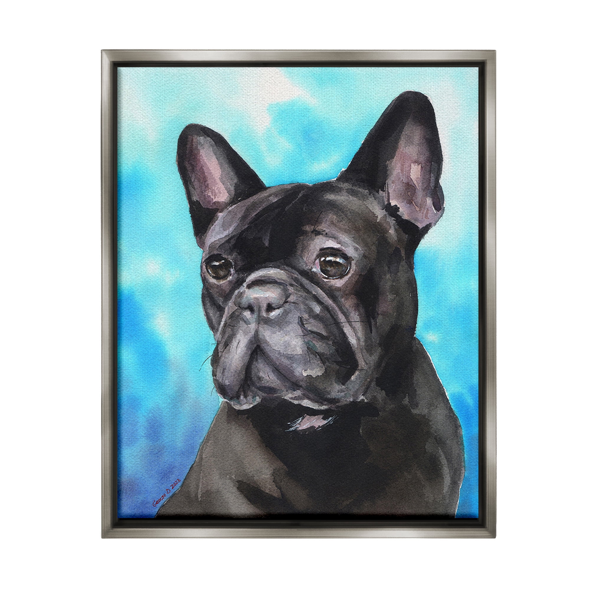 Stupell Industries French Bulldog on Blue Animals & Insects Painting Gray Floater Framed Canvas Art Print Wall Art, 25 x 31