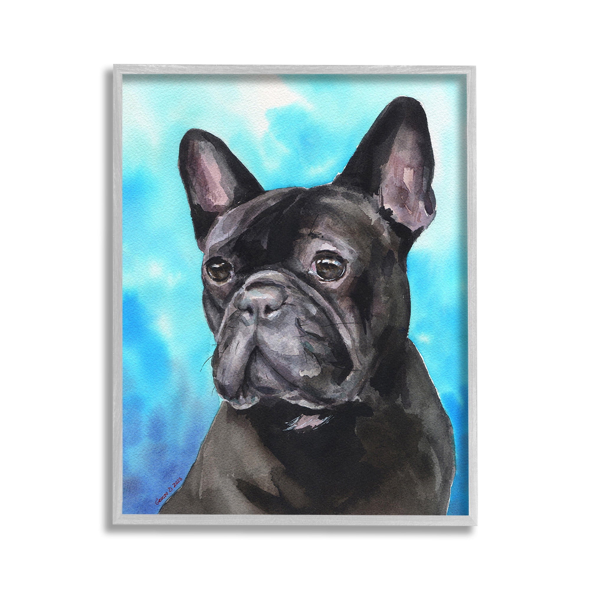 Stupell Industries French Bulldog on Blue Animals & Insects Painting Gray Framed Art Print Wall Art, 11 x 14