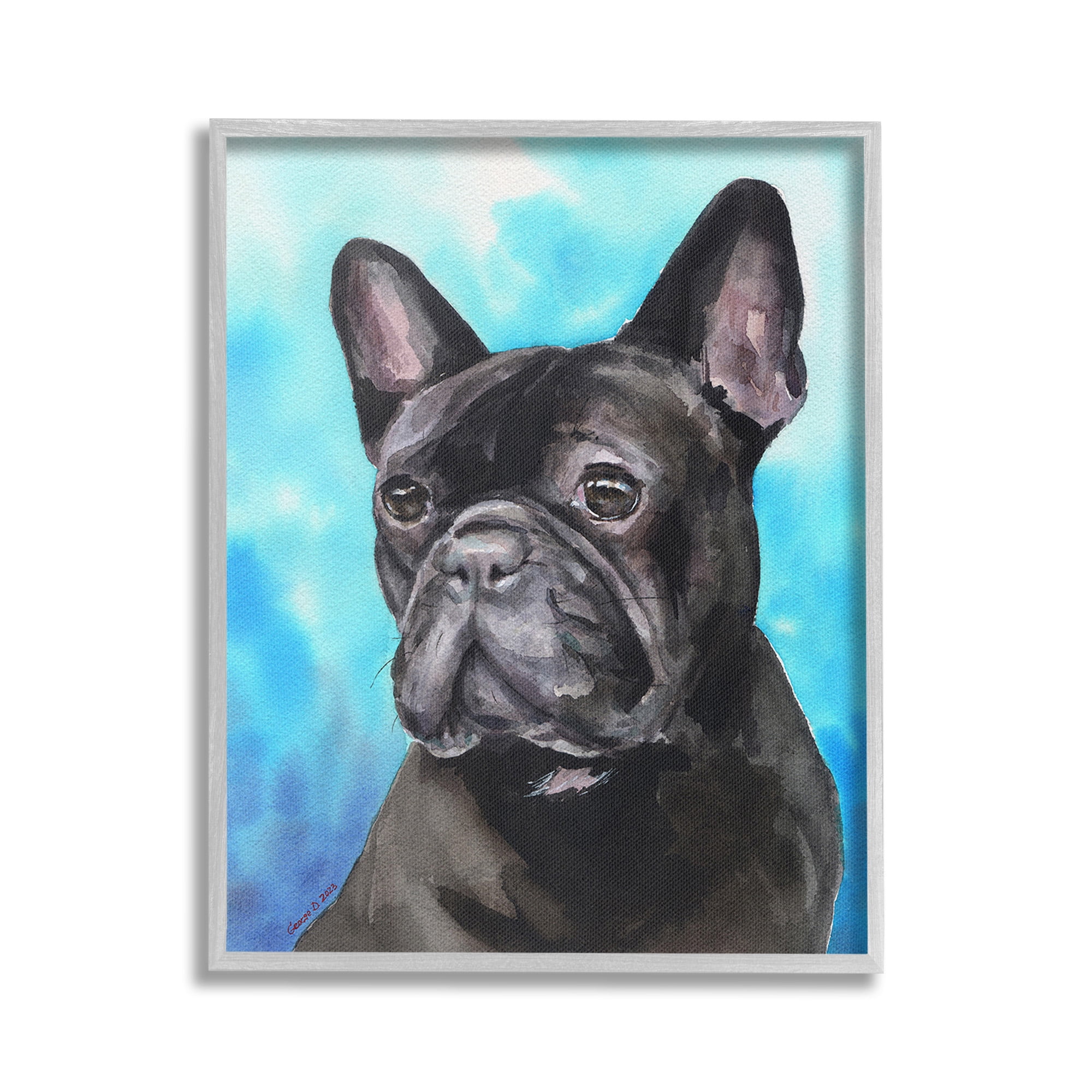 Stupell Industries French Bulldog on Blue Animals & Insects Painting Gray Framed Art Print Wall Art, 16 x 20