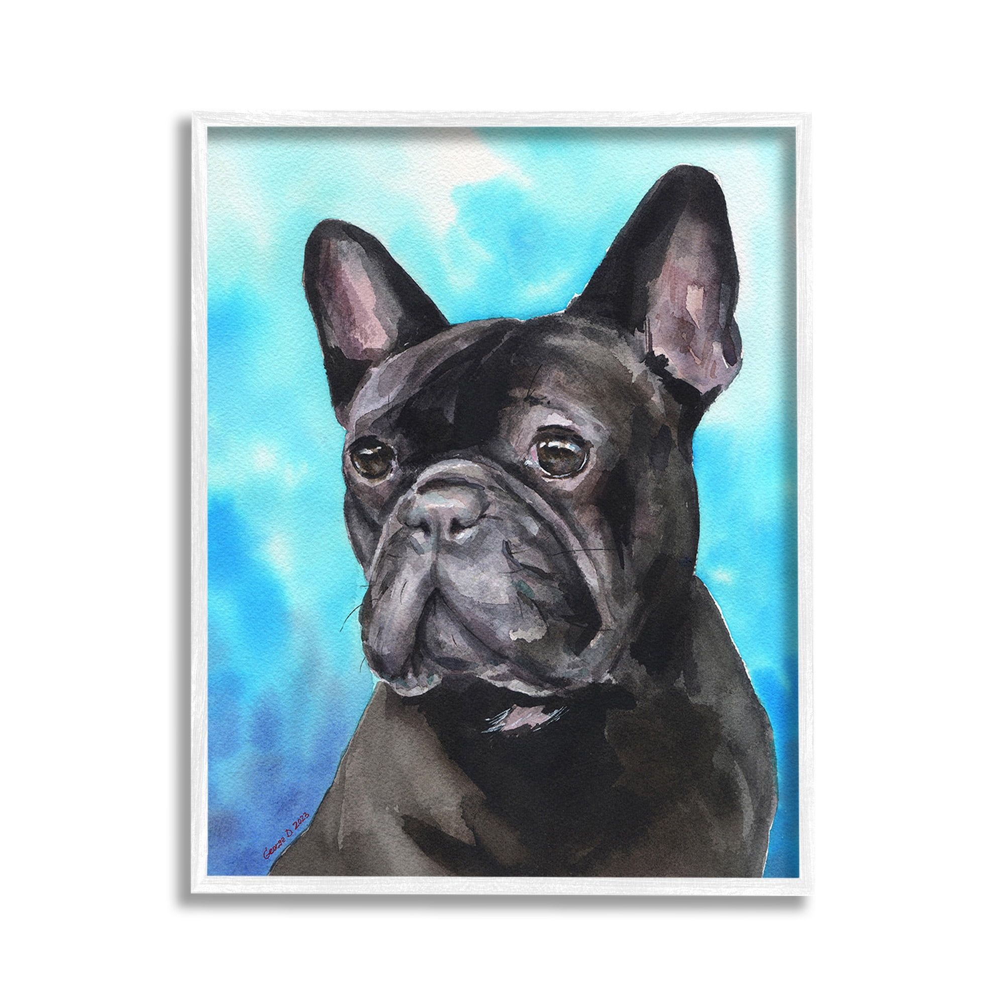 Stupell Industries French Bulldog on Blue Animals & Insects Painting White Framed Art Print Wall Art, 11 x 14