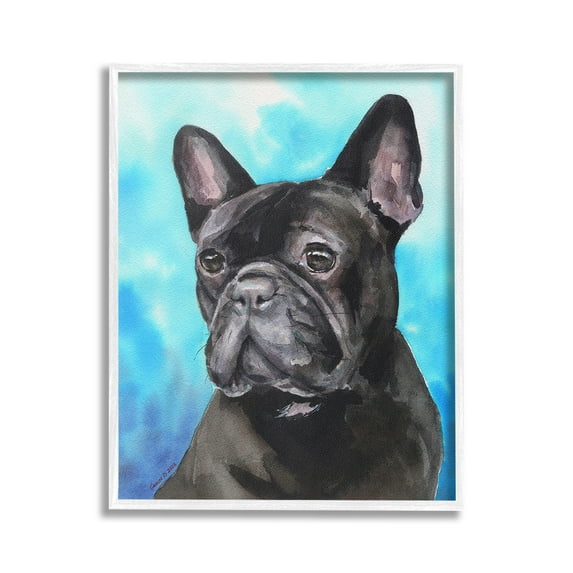 Stupell Industries French Bulldog on Blue Animals & Insects Painting White Framed Art Print Wall Art, 16 x 20