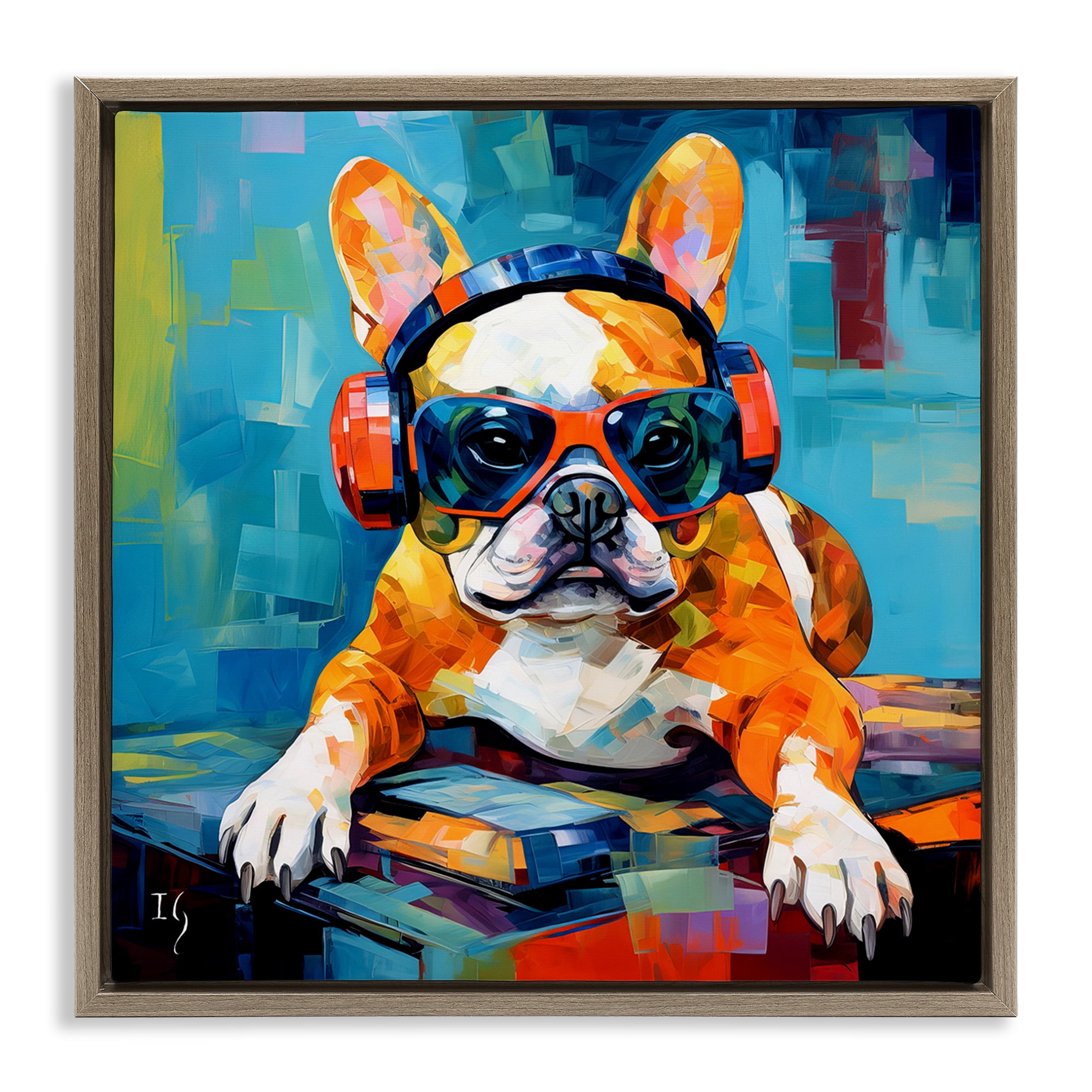 Stupell Industries French Bulldog with Headphones Animals & Insects Painting Brown Floater Framed Canvas Art Print Wall Art, 18 x 18