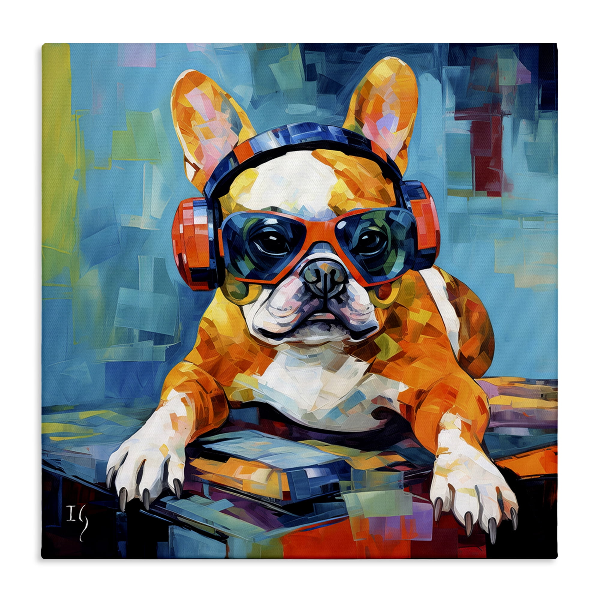 Stupell Industries French Bulldog with Headphones Animals & Insects Painting Gallery Wrapped Canvas Art Print Wall Art, 30 x 30