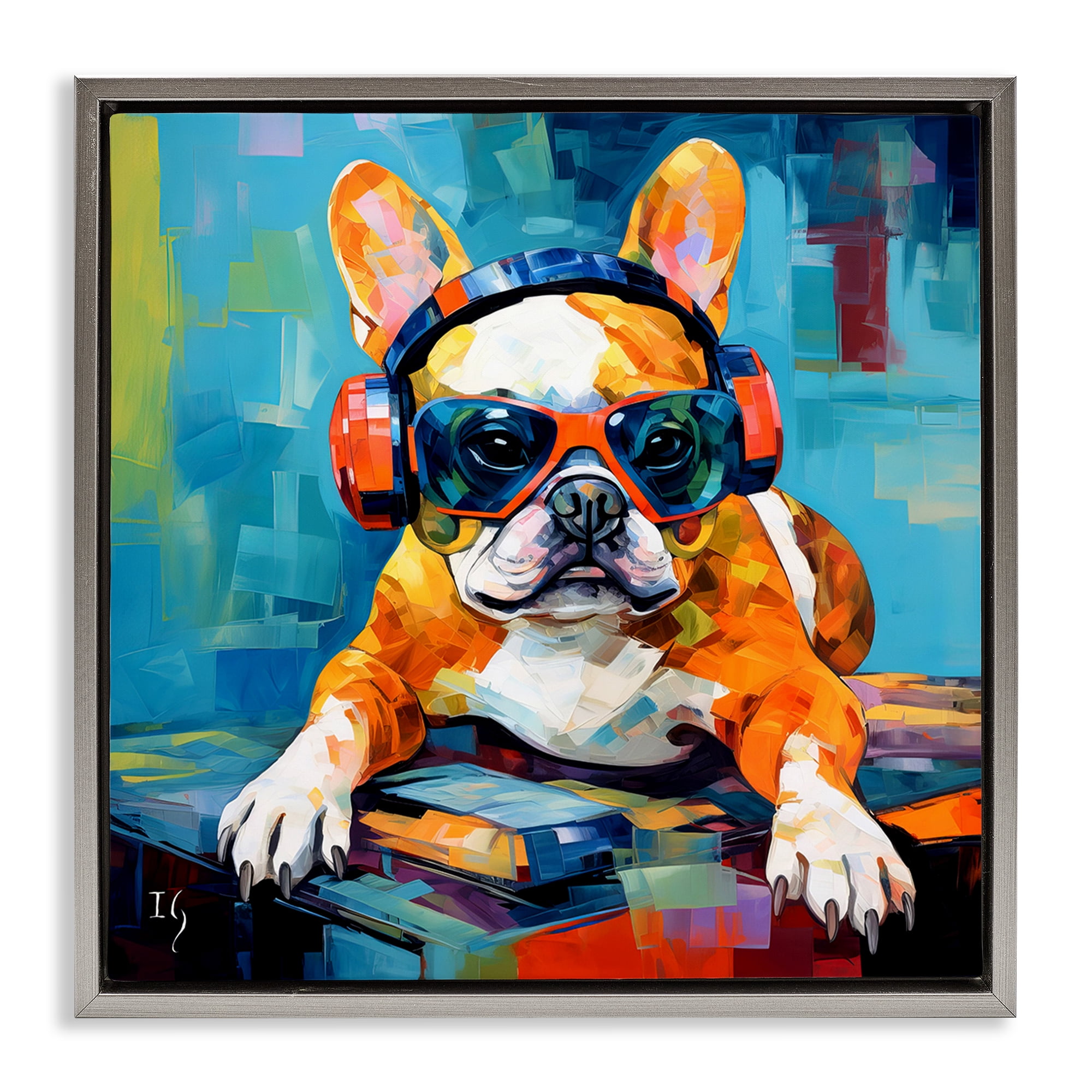 Stupell Industries French Bulldog with Headphones Animals & Insects Painting Gray Floater Framed Canvas Art Print Wall Art, 25 x 25