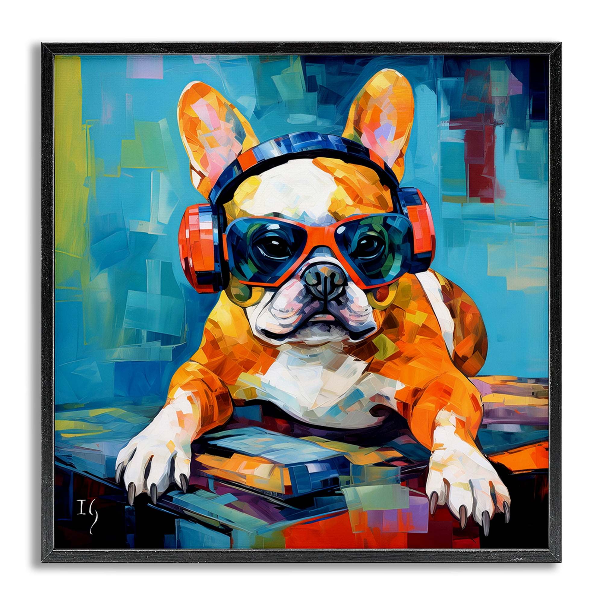 Stupell Industries French Bulldog with Headphones Animals & Insects Painting Gray Framed Art Print Wall Art, 12 x 12