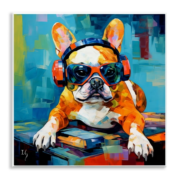 Stupell Industries French Bulldog with Headphones Animals & Insects Painting Unframed Art Print Wall Art, 12 x 12