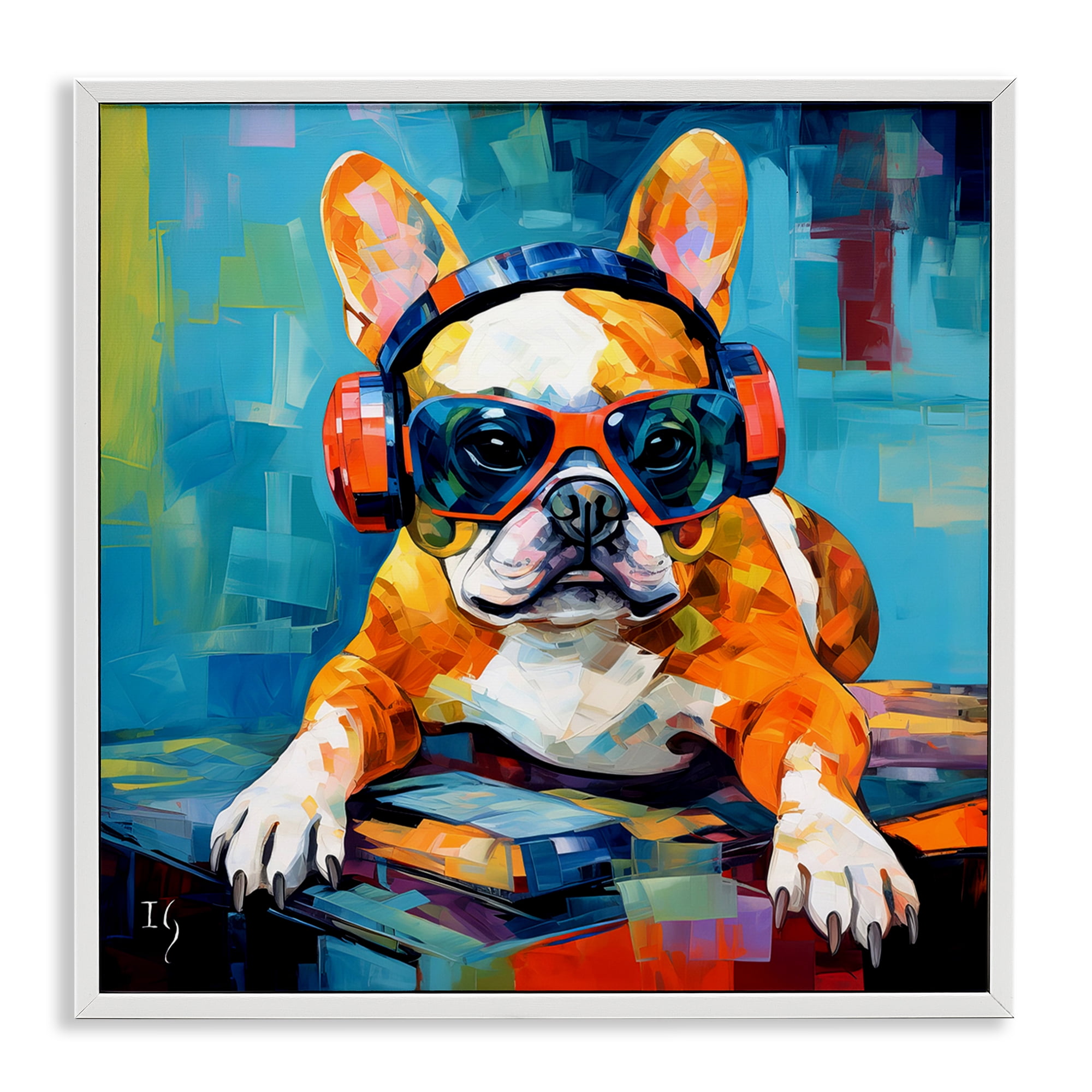 Stupell Industries French Bulldog with Headphones Animals & Insects Painting White Framed Art Print Wall Art, 17 x 17
