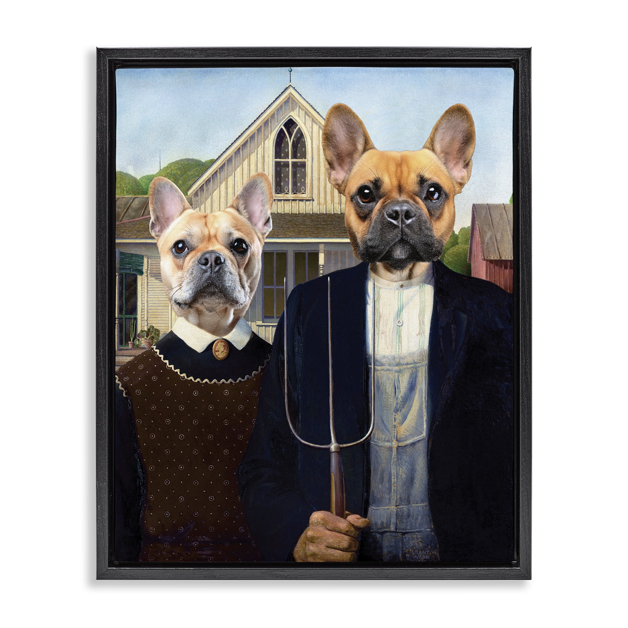 Stupell Industries French Bulldogs Iconic Farmers Black Framed Floater Canvas Wall Art, design by Grotto Studios