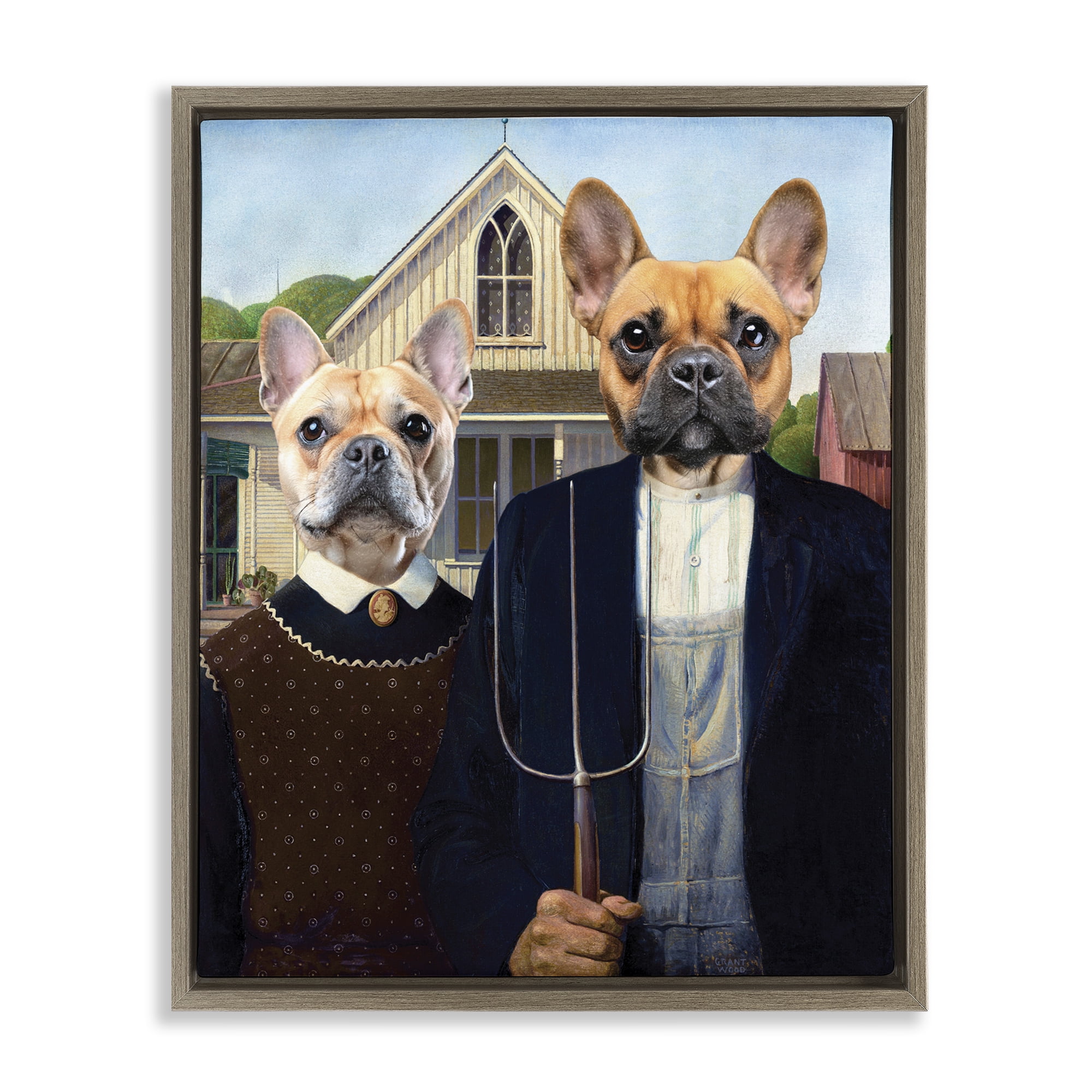 Stupell Industries French Bulldogs Iconic Farmers Brown Framed Floater Canvas Wall Art, design by Grotto Studios