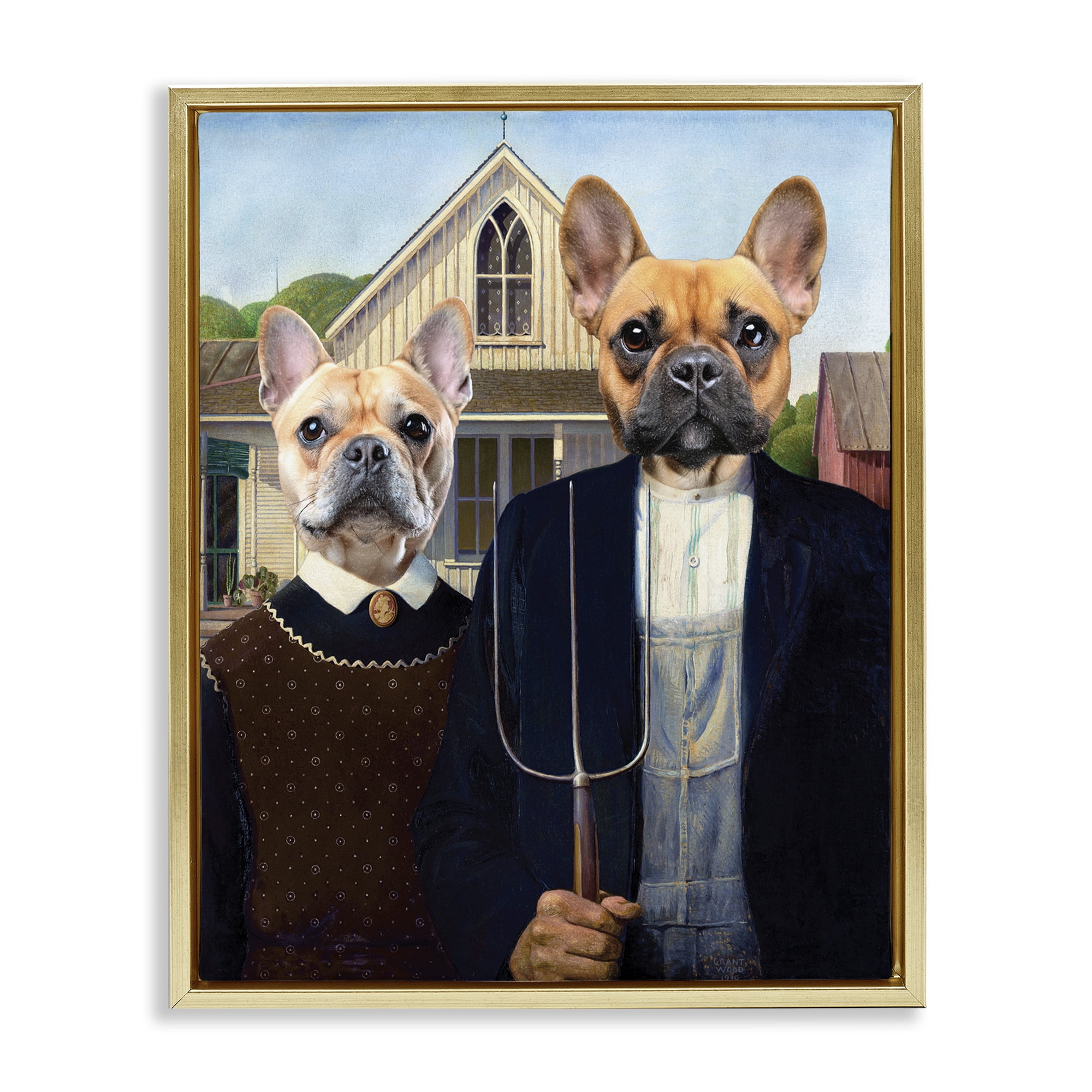Stupell Industries French Bulldogs Iconic Farmers Gold Framed Floater Canvas Wall Art, design by Grotto Studios
