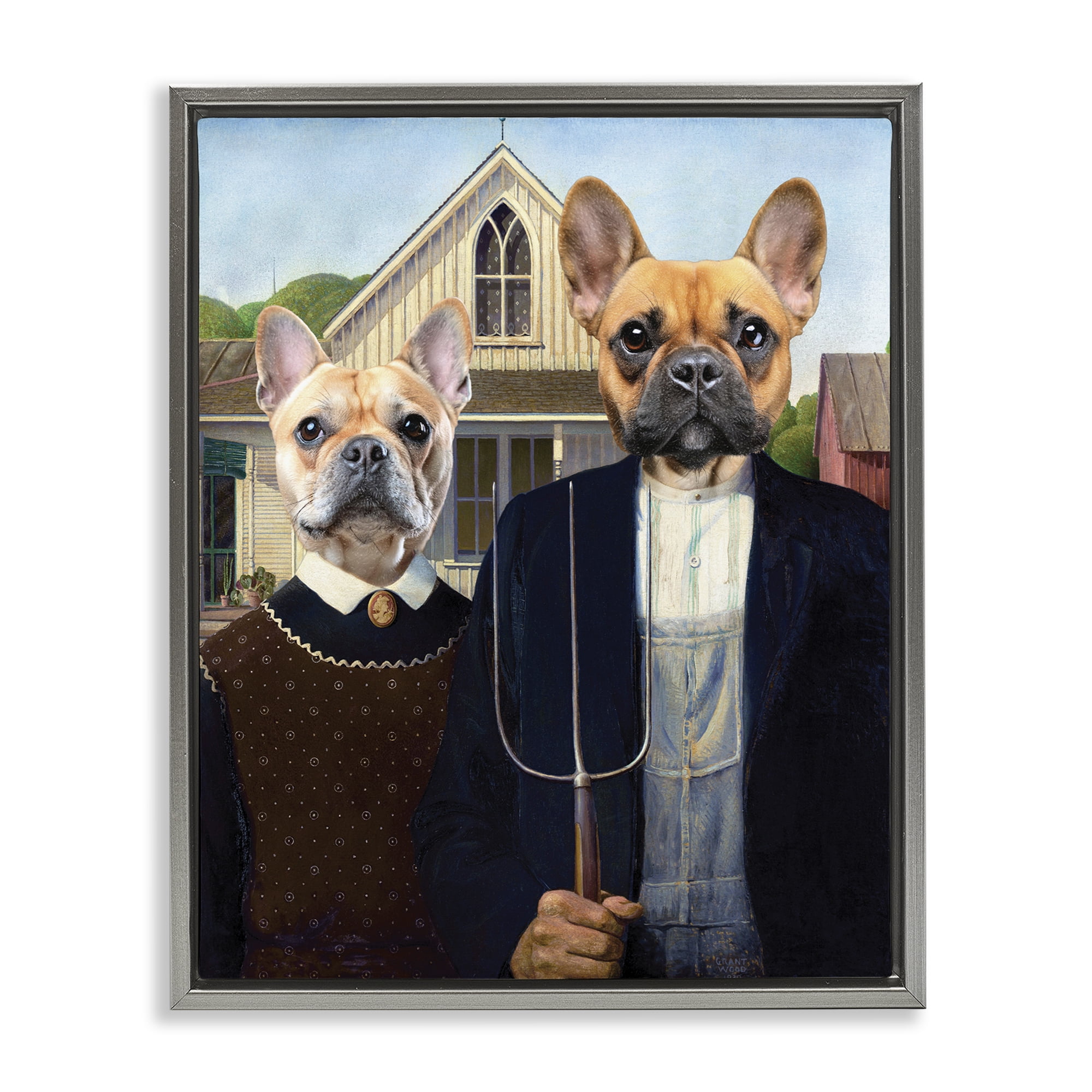 Stupell Industries French Bulldogs Iconic Farmers Gray Framed Floater Canvas Wall Art, design by Grotto Studios