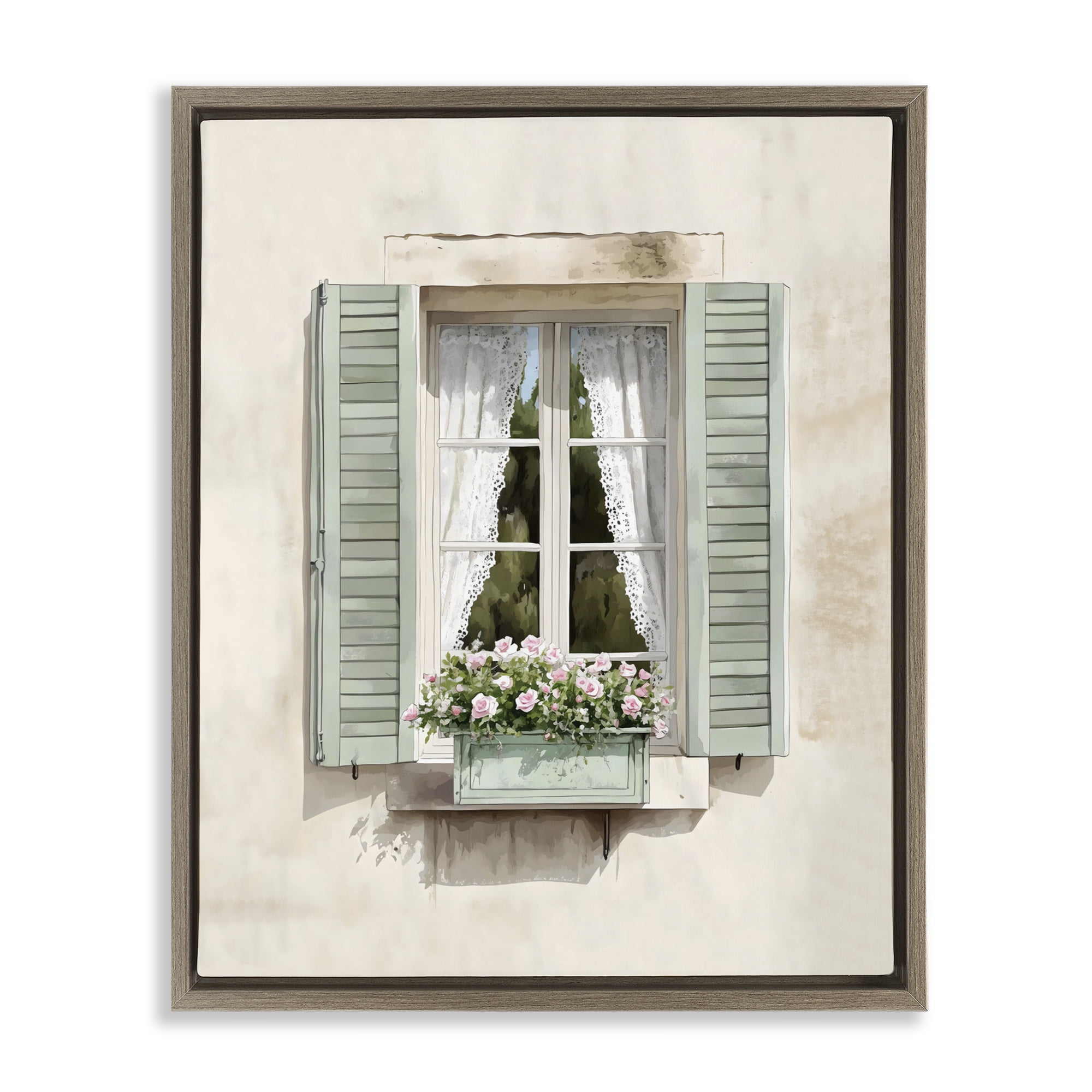 Stupell Industries French Cafe Window Curtains Brown Framed Floater Canvas Wall Art, design by LSR Design Studio