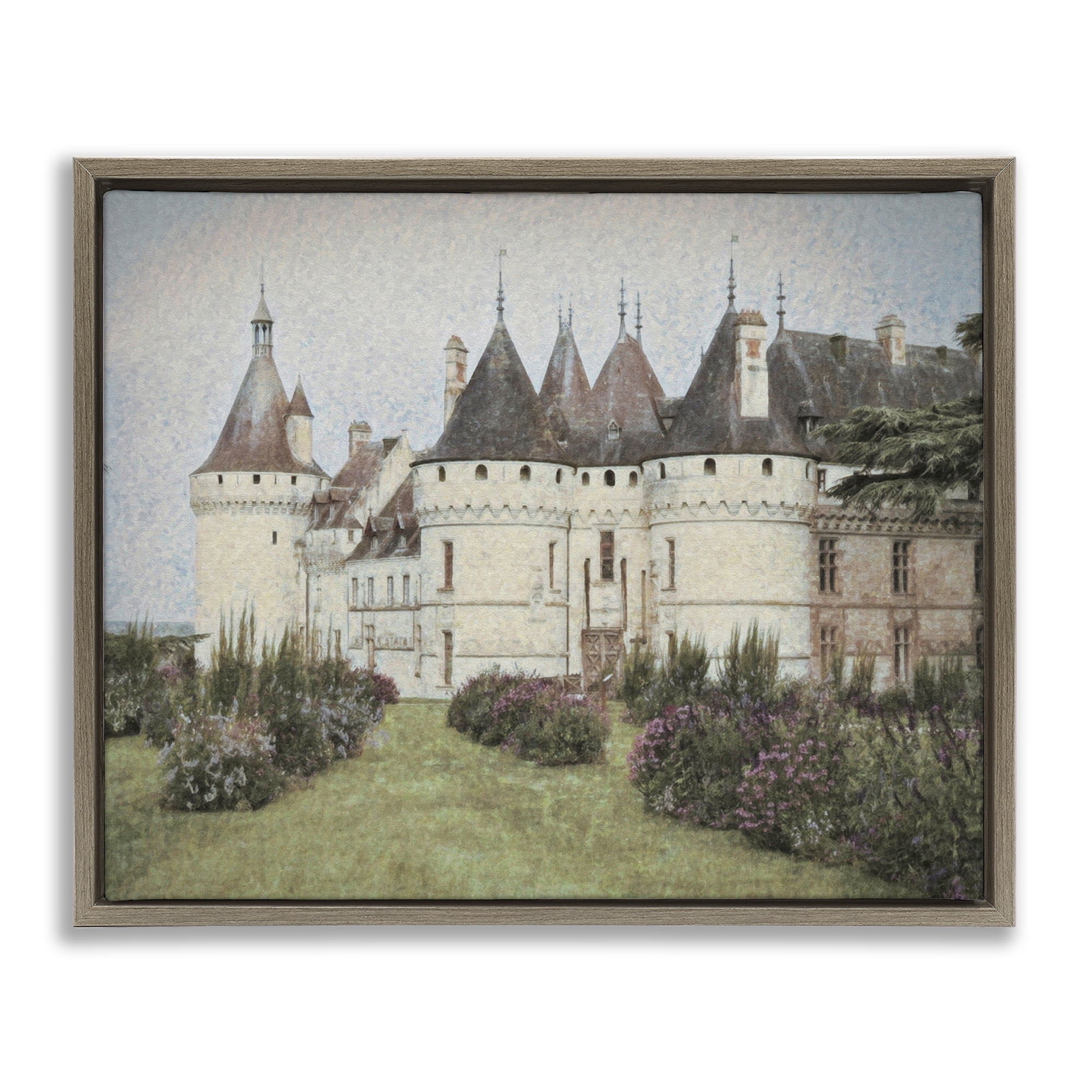 Stupell Industries French Castle Landmark Buildings & Architecture Painting Brown Floater Framed Canvas Art Print Wall Art, 21 x 17