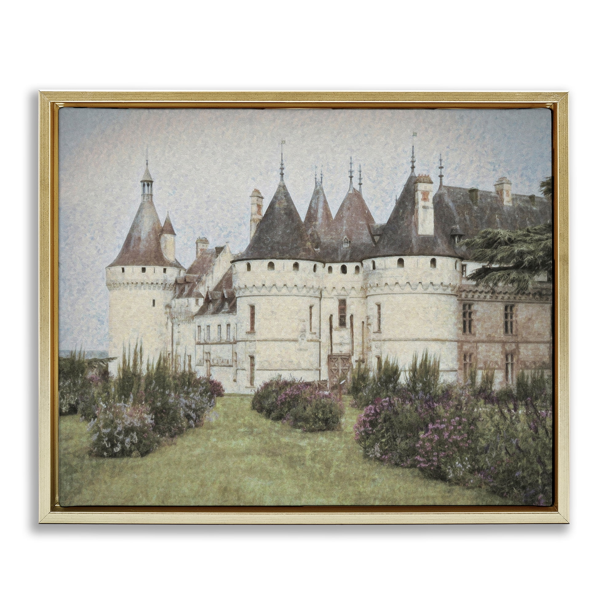 Stupell Industries French Castle Landmark Buildings & Architecture Painting Gold Floater Framed Canvas Art Print Wall Art, 31 x 25
